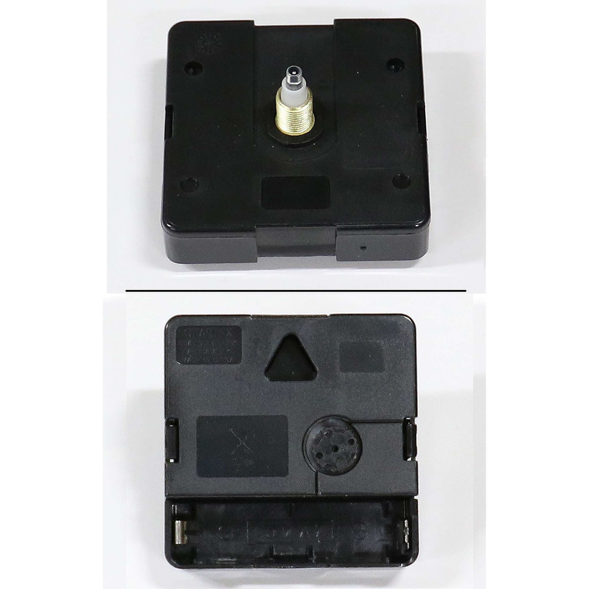Two views of a black clock movement mechanism