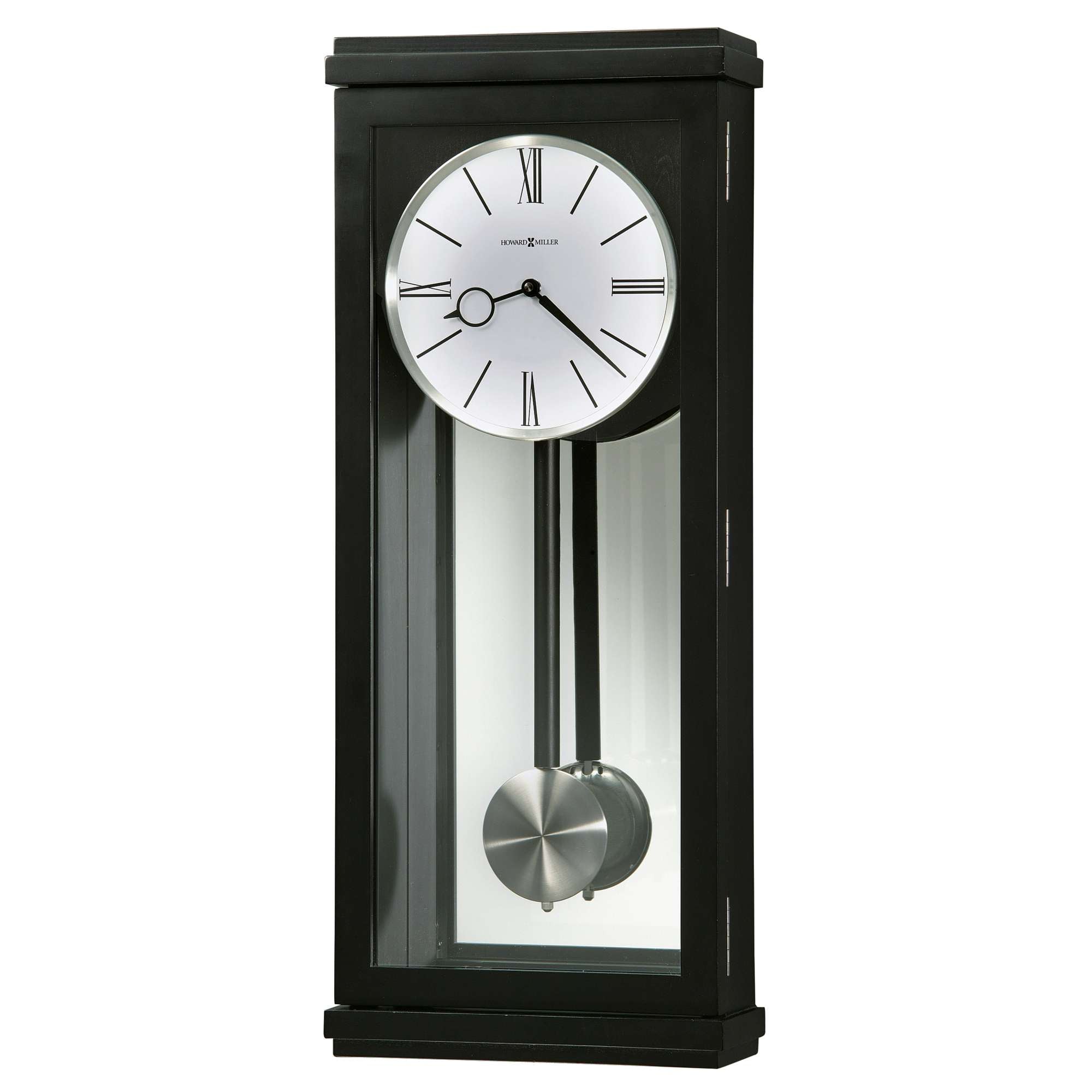 A modern wall clock with a round face and pendulum, housed in a sleek black frame.
