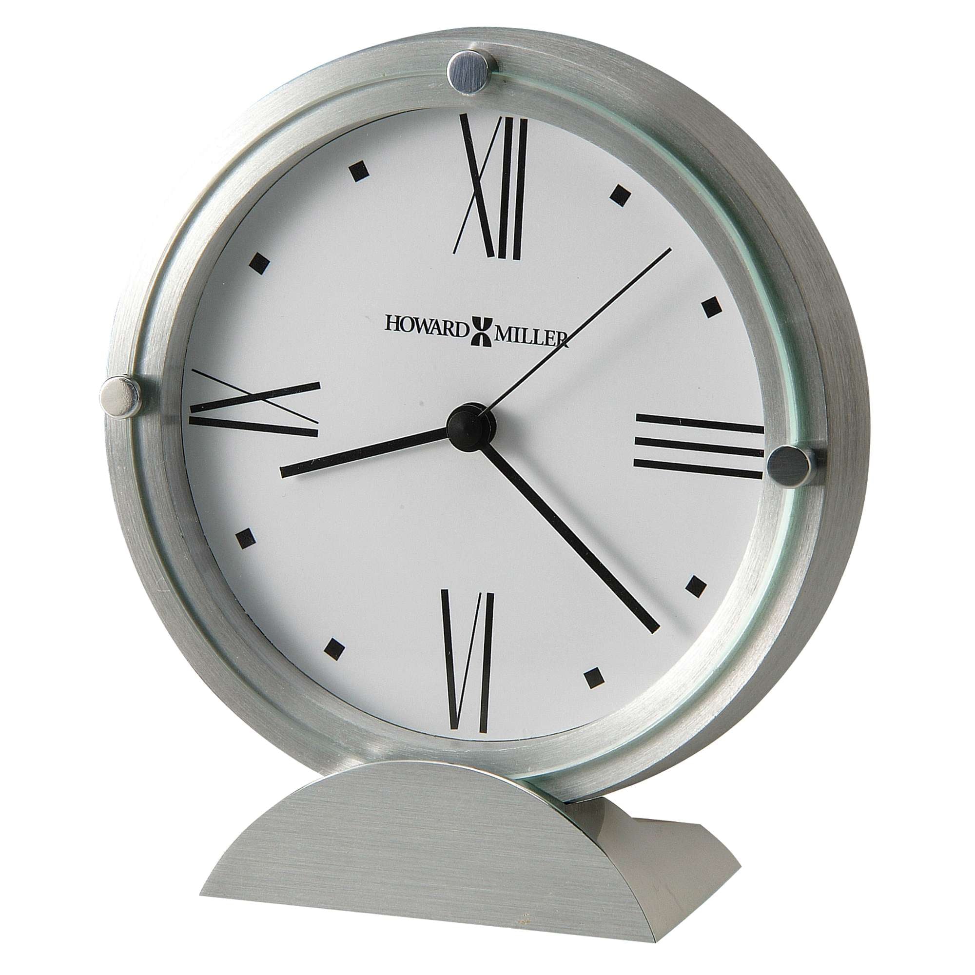 Silver desktop clock with Roman numerals and a round design.