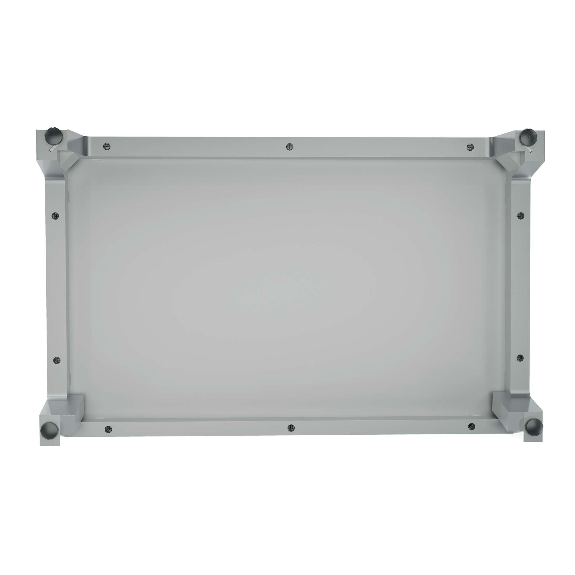 A rectangular gray panel or tray with corner supports.