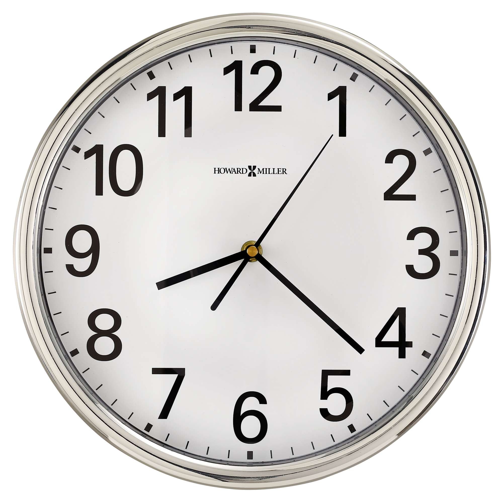 A round wall clock with black numerals and hands on a white face.