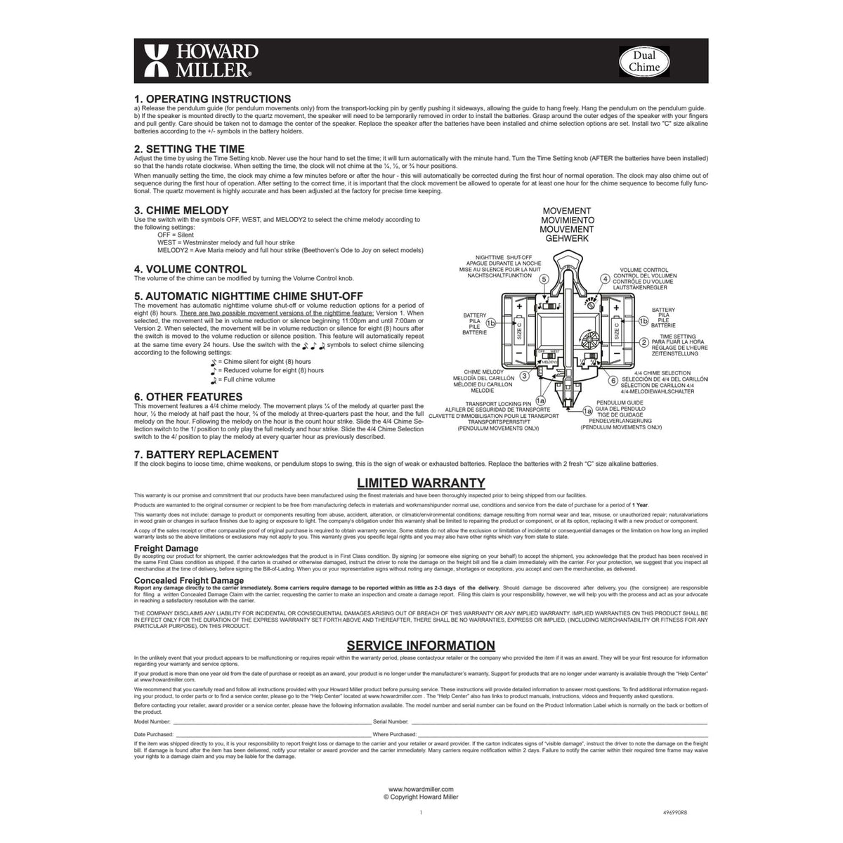 496990 Instruction Manual Quartz Clocks Howard Miller