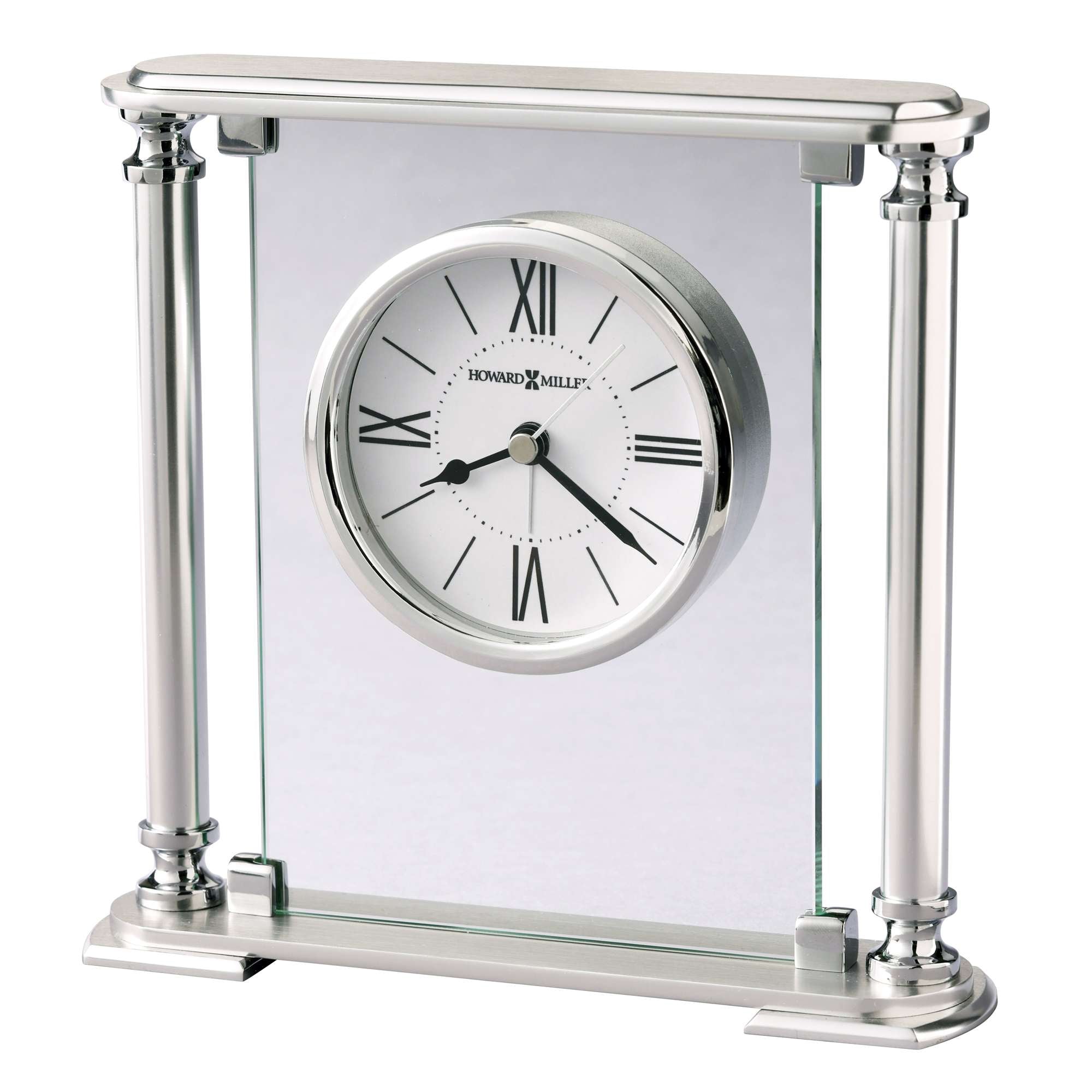 Elegant silver and glass desk clock with Roman numerals.