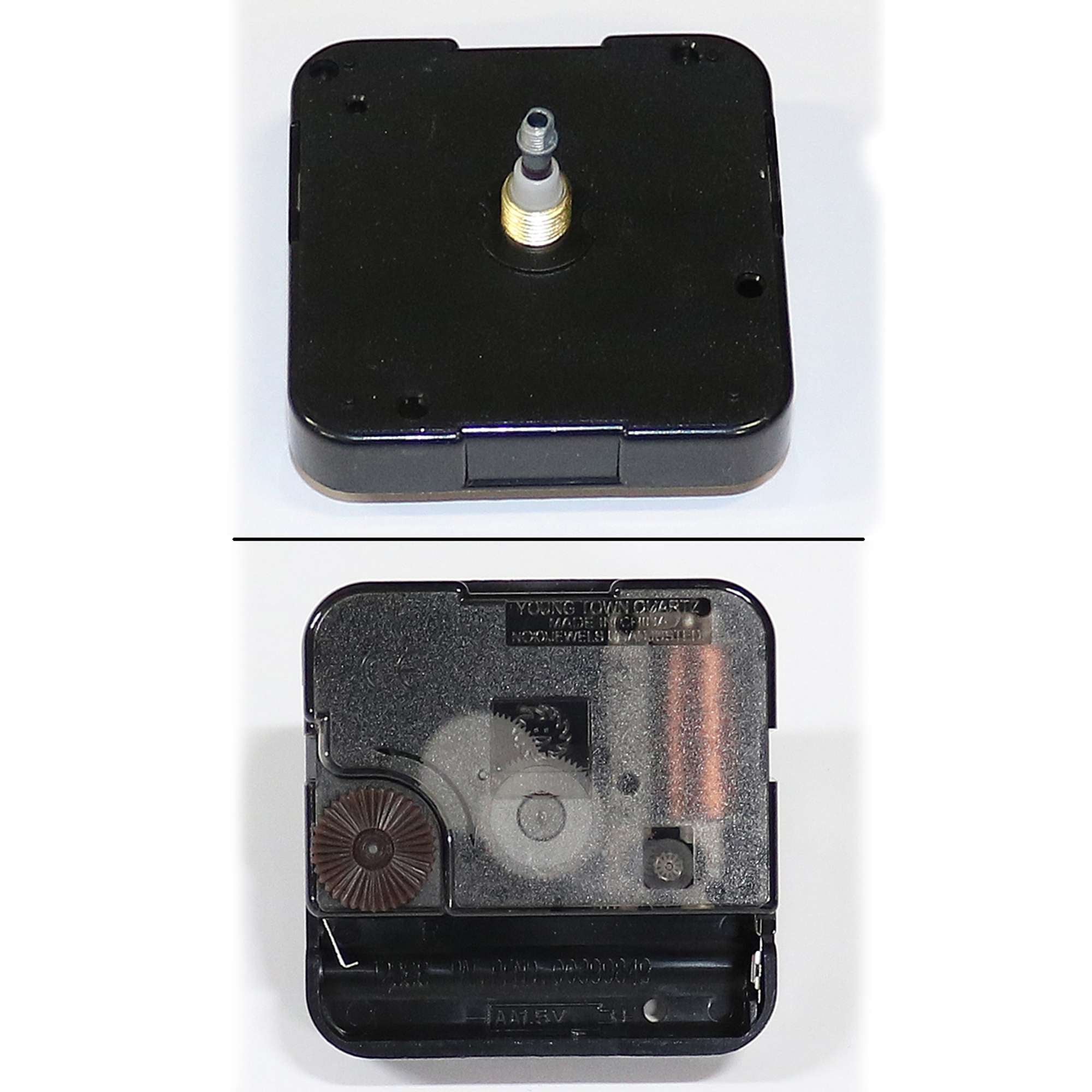 Clock movement mechanism showing front and back views.