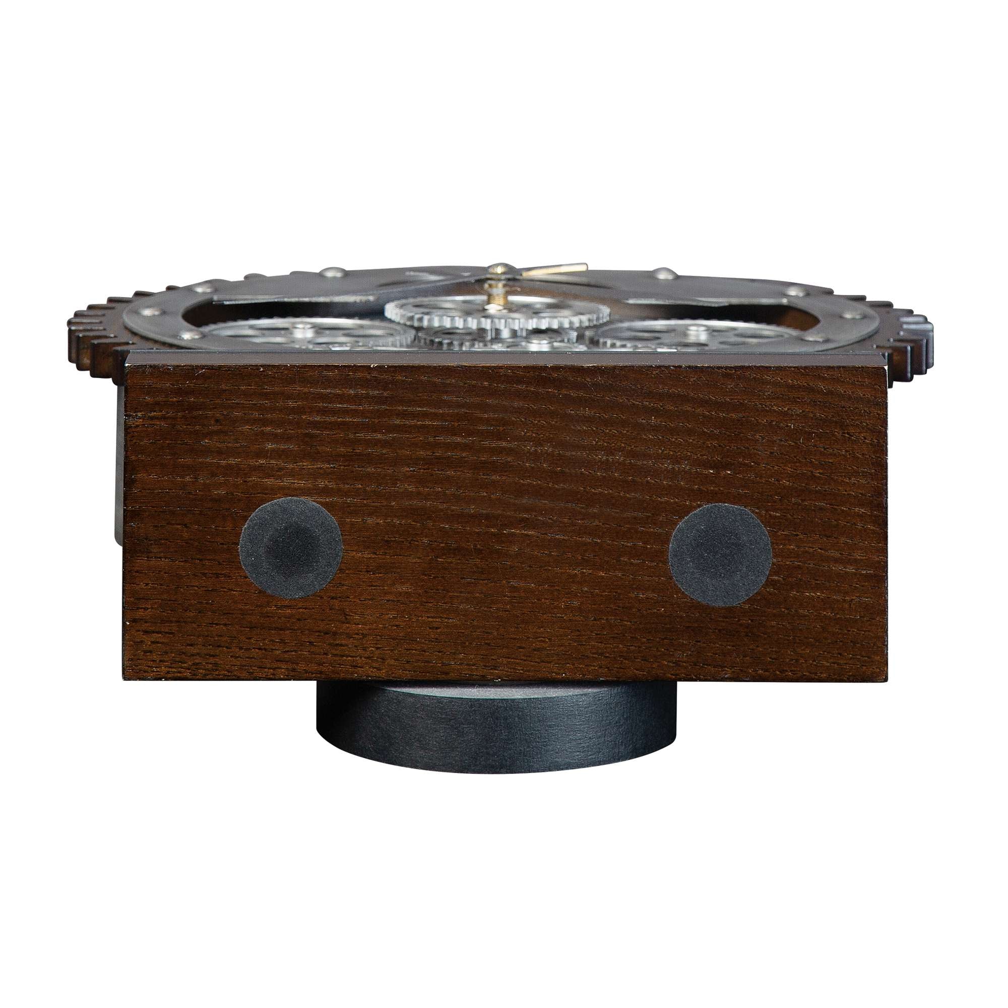 Close-up view of a vintage-style wooden clock with silver detailing.