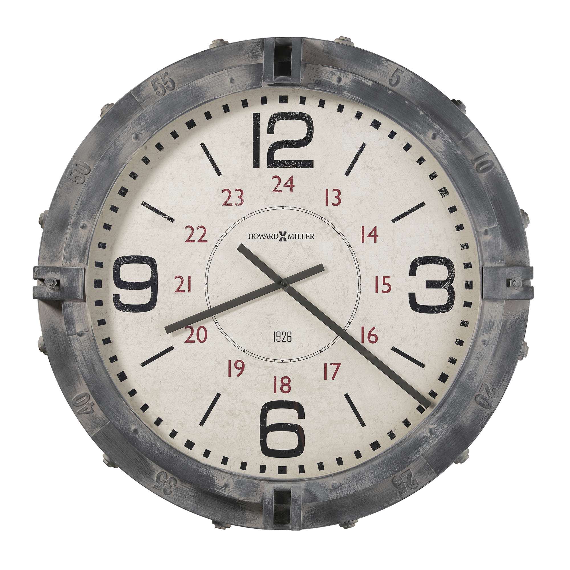 Round wall clock with large black numbers and a vintage design.