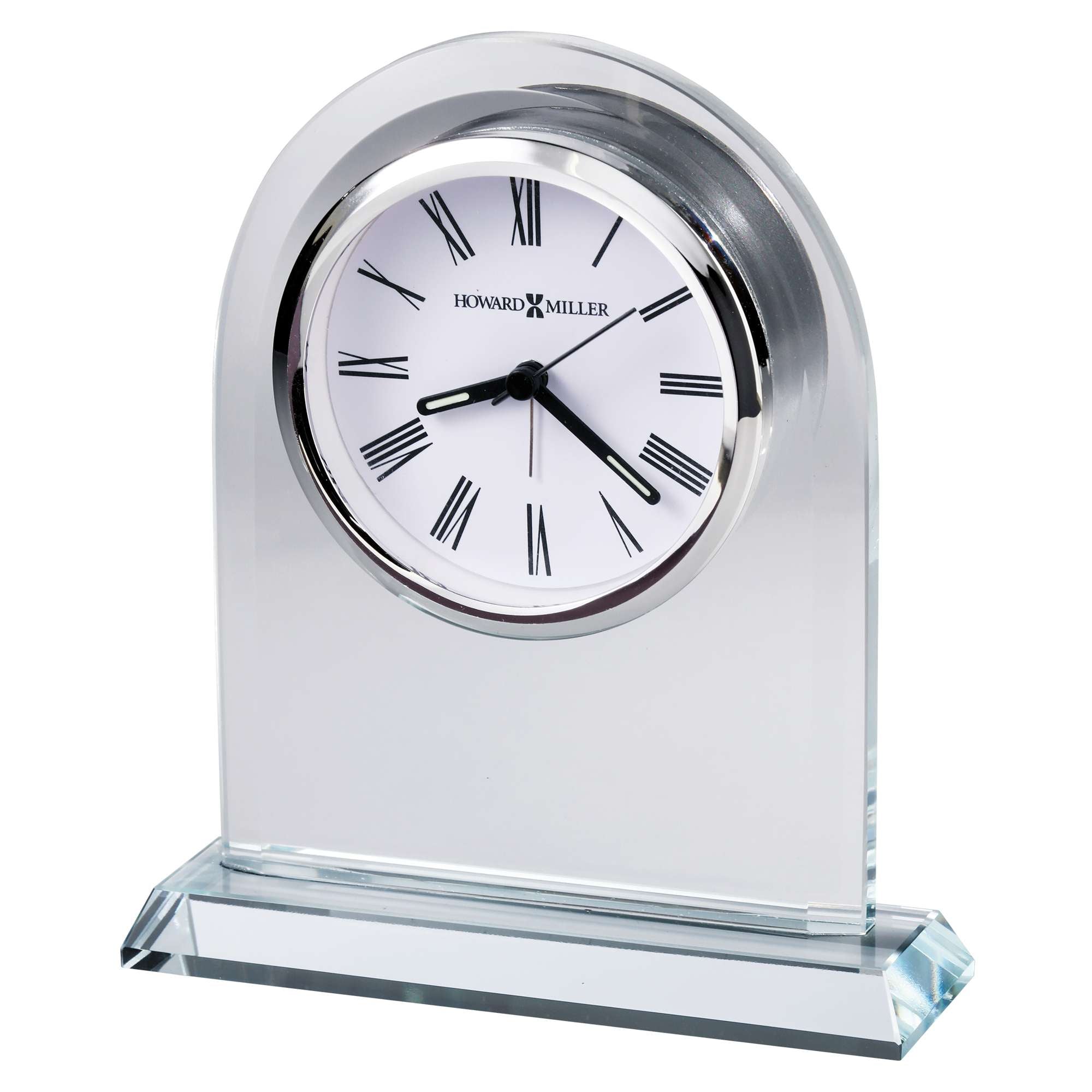 A clear glass clock with Roman numerals and a sleek design.