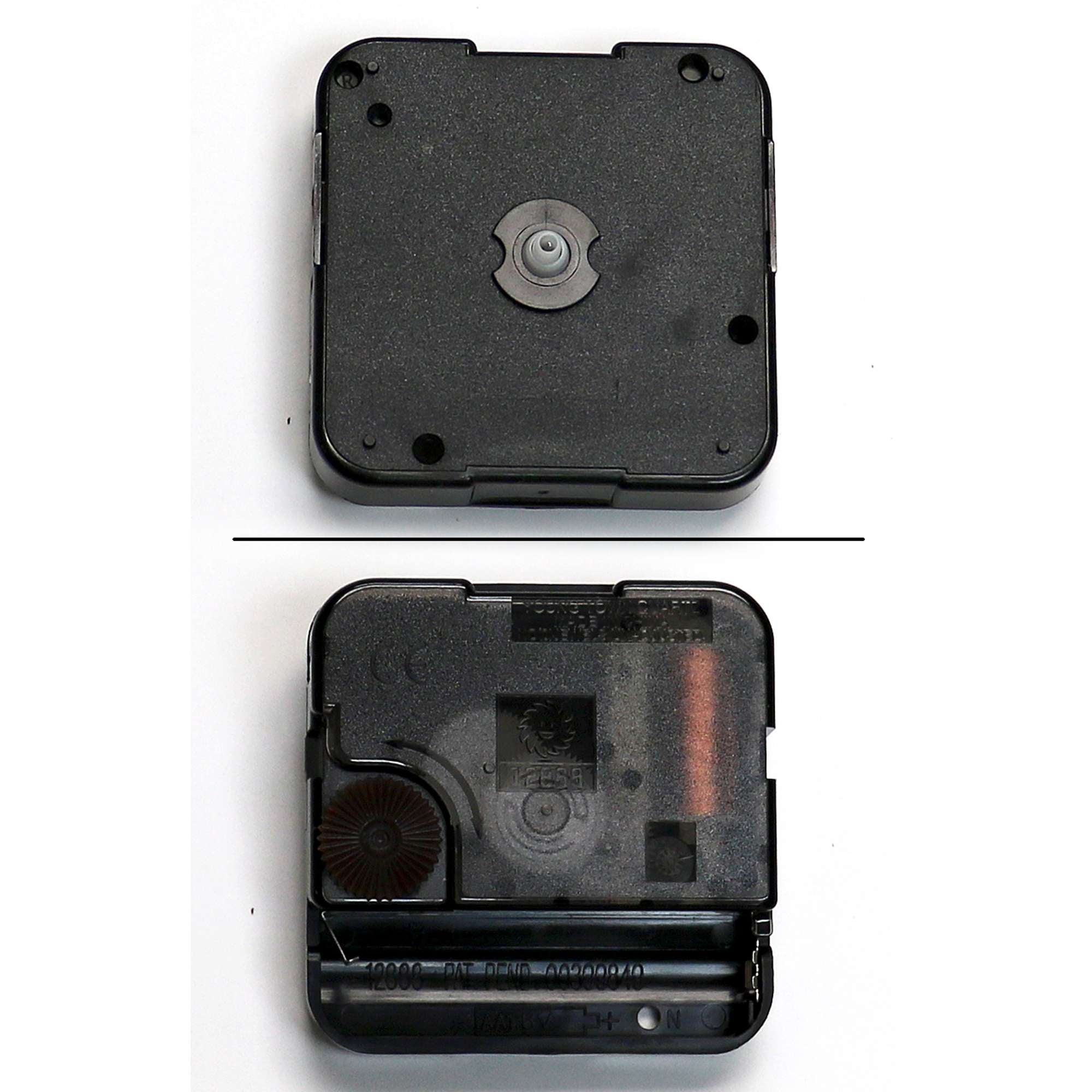 Top and bottom views of a black clock mechanism