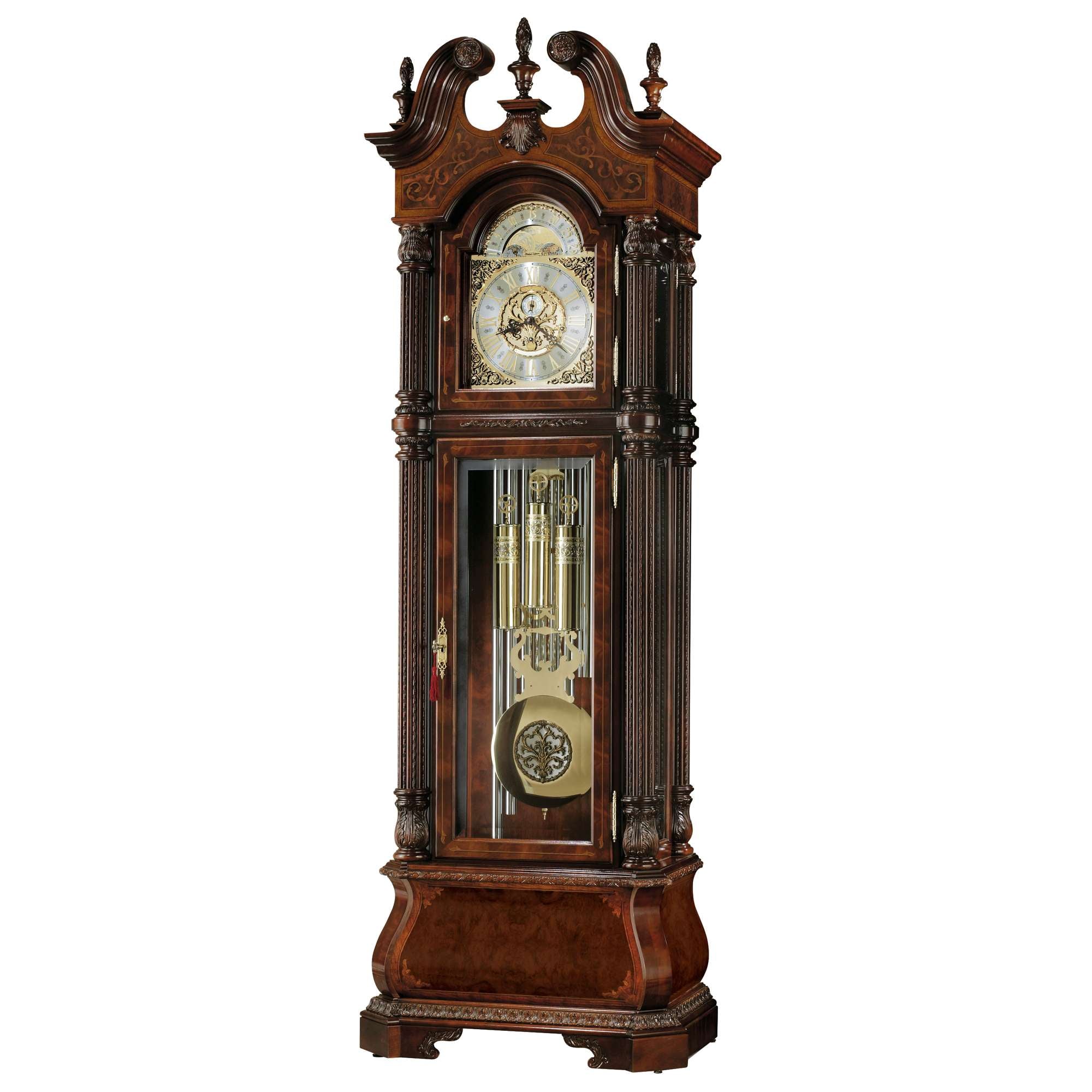 Tall, ornate grandfather clock with intricate design and glass front.