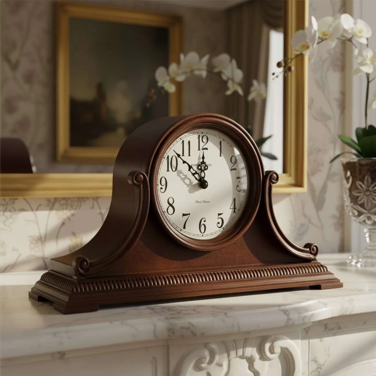 Howard Miller Albright Mantel Clock, 16-inch, on a mantel in a styled room