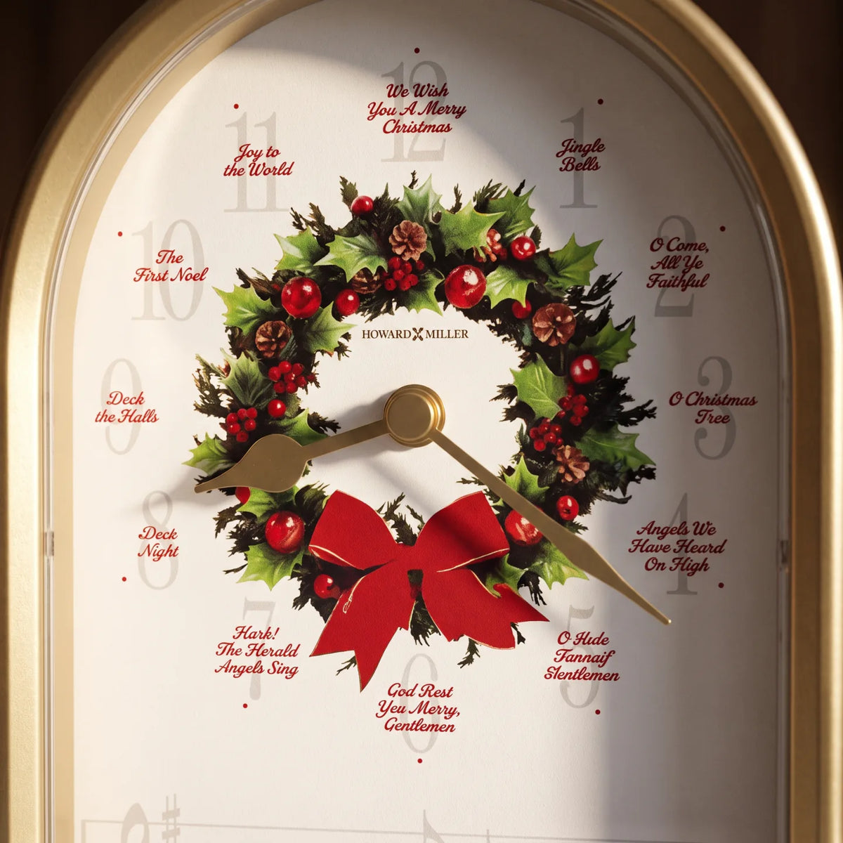 Howard Miller Carols Of Christmas II Tabletop Clock, close-up of the dial and finish detail