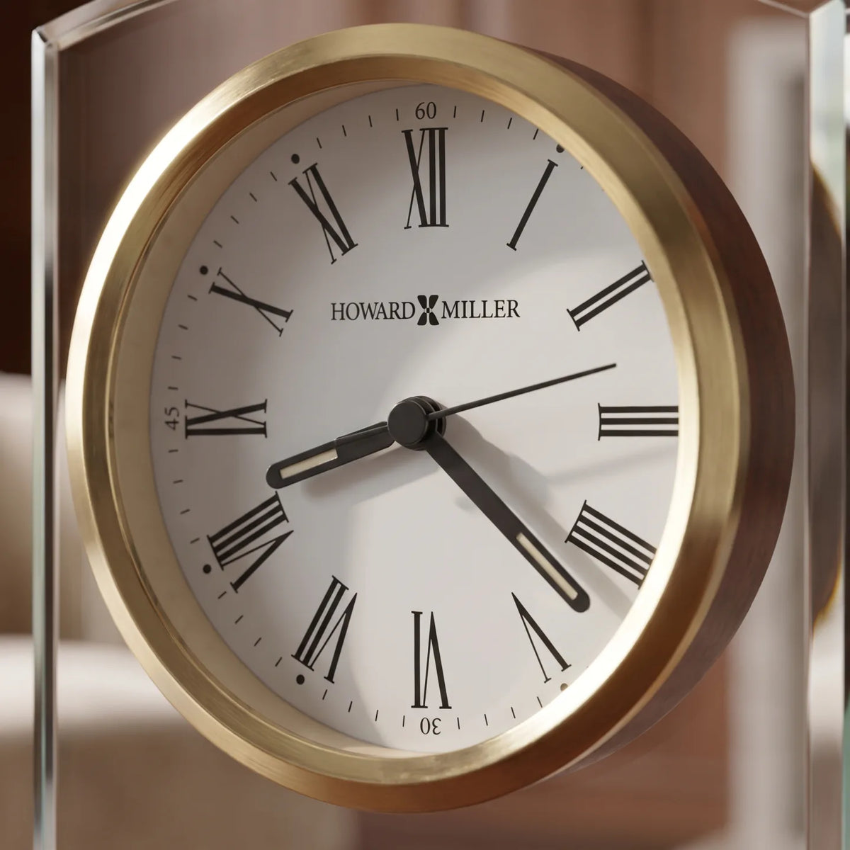 Howard Miller Marcus Tabletop Clock, close-up of the dial and finish detail