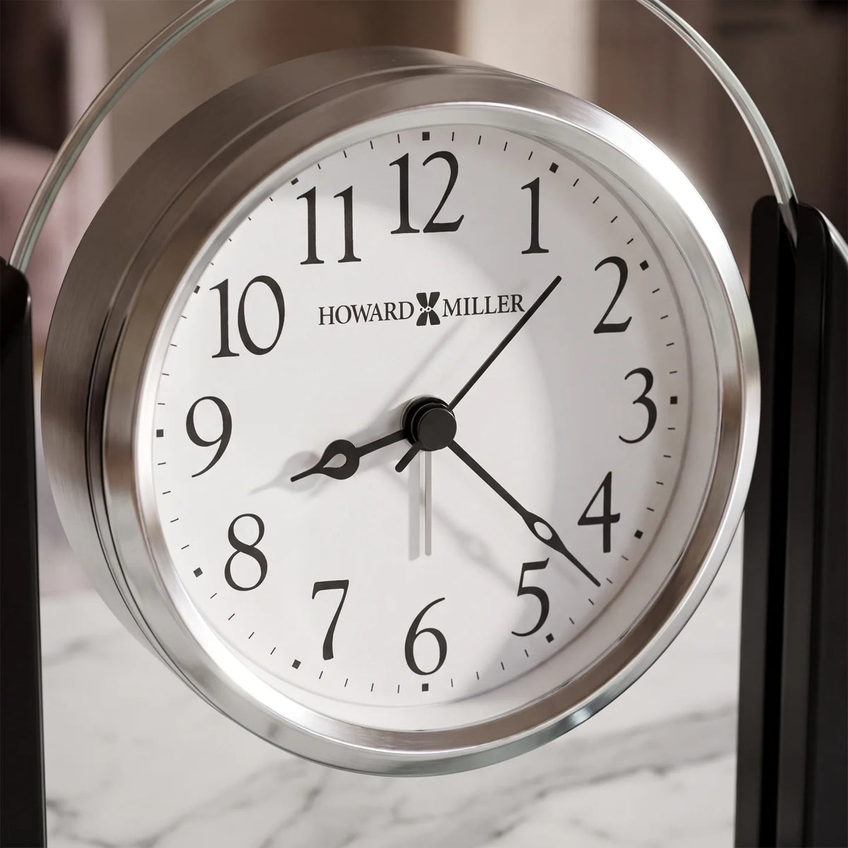 Howard Miller Aden Tabletop Clock, close-up of the dial and finish detail
