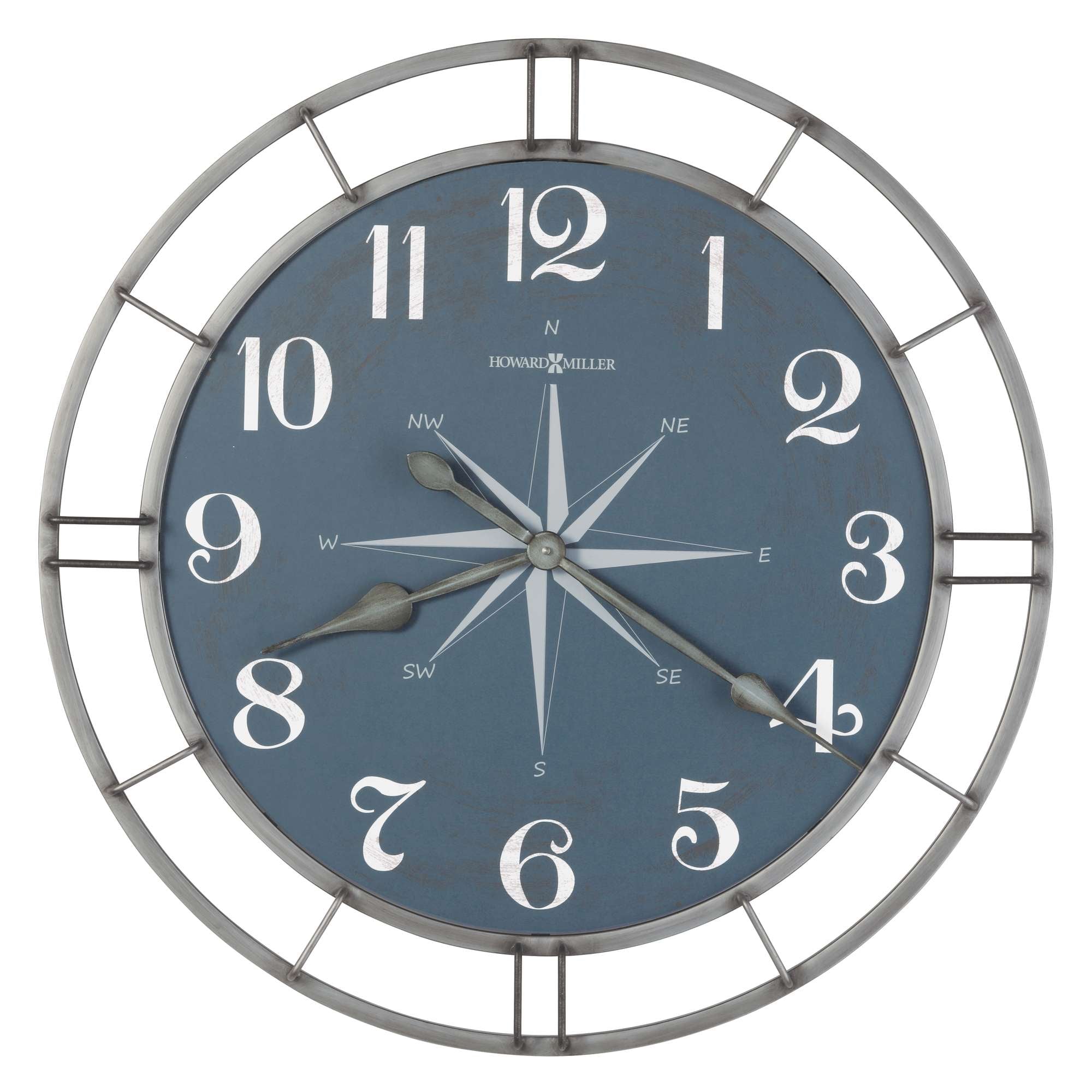 Round blue wall clock with white numerals and a metal frame