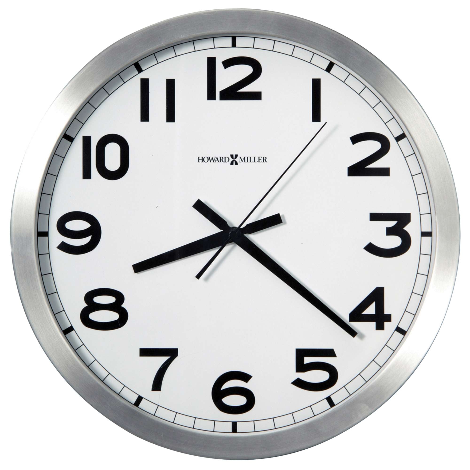 A round wall clock with large black numbers and silver frame.