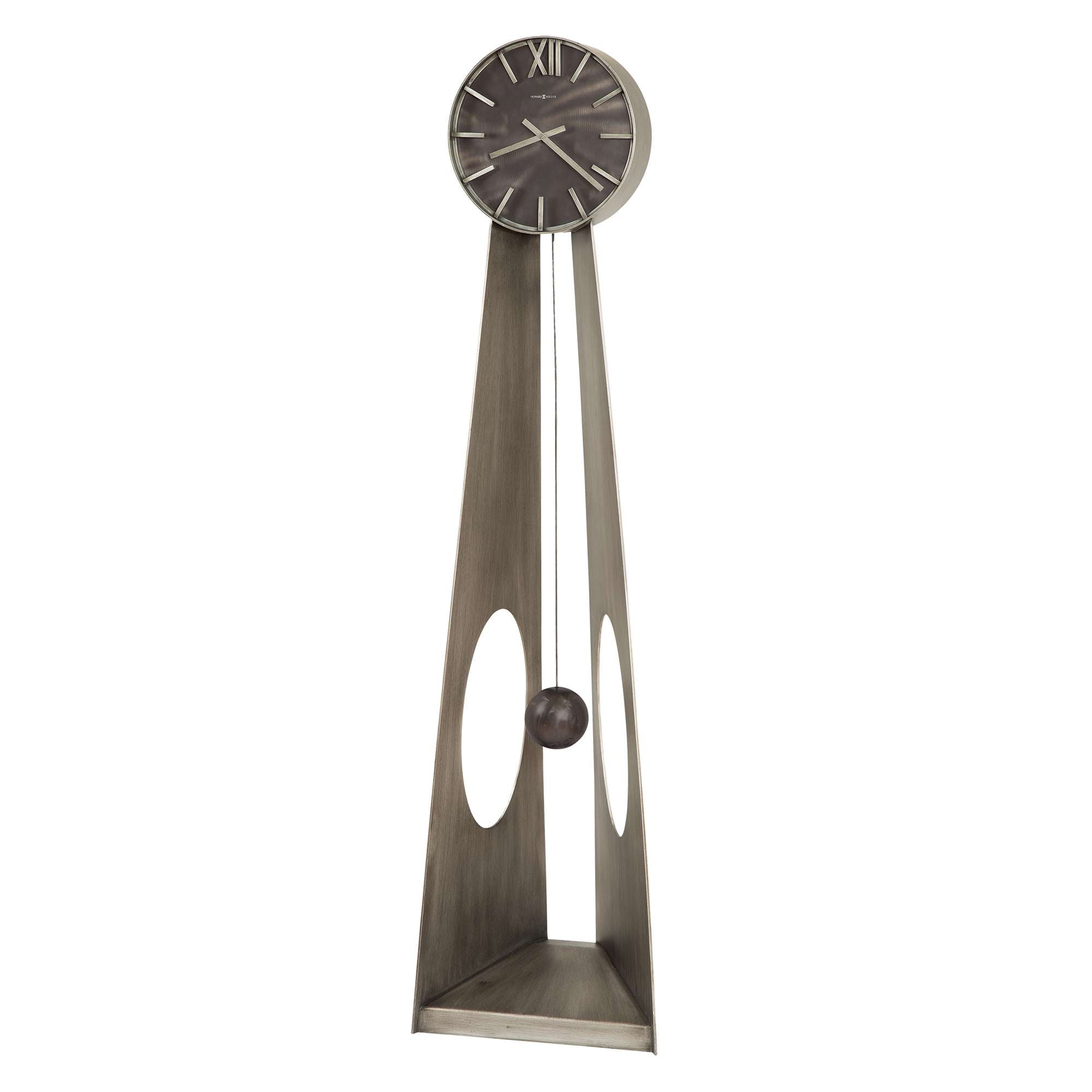 Modern wall clock with a unique triangular design and circular time face.