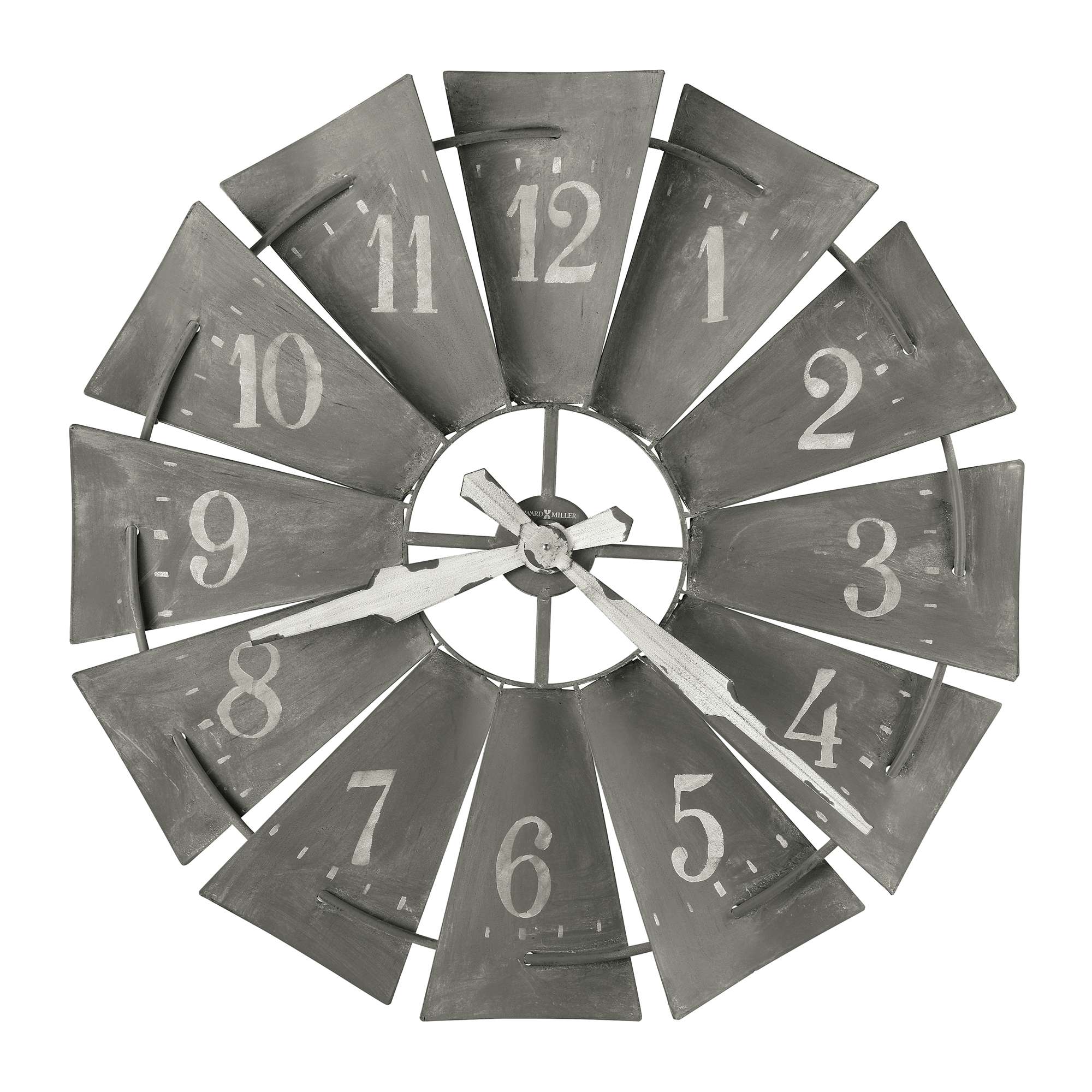 A decorative wall clock with a unique windmill design and large numerals.