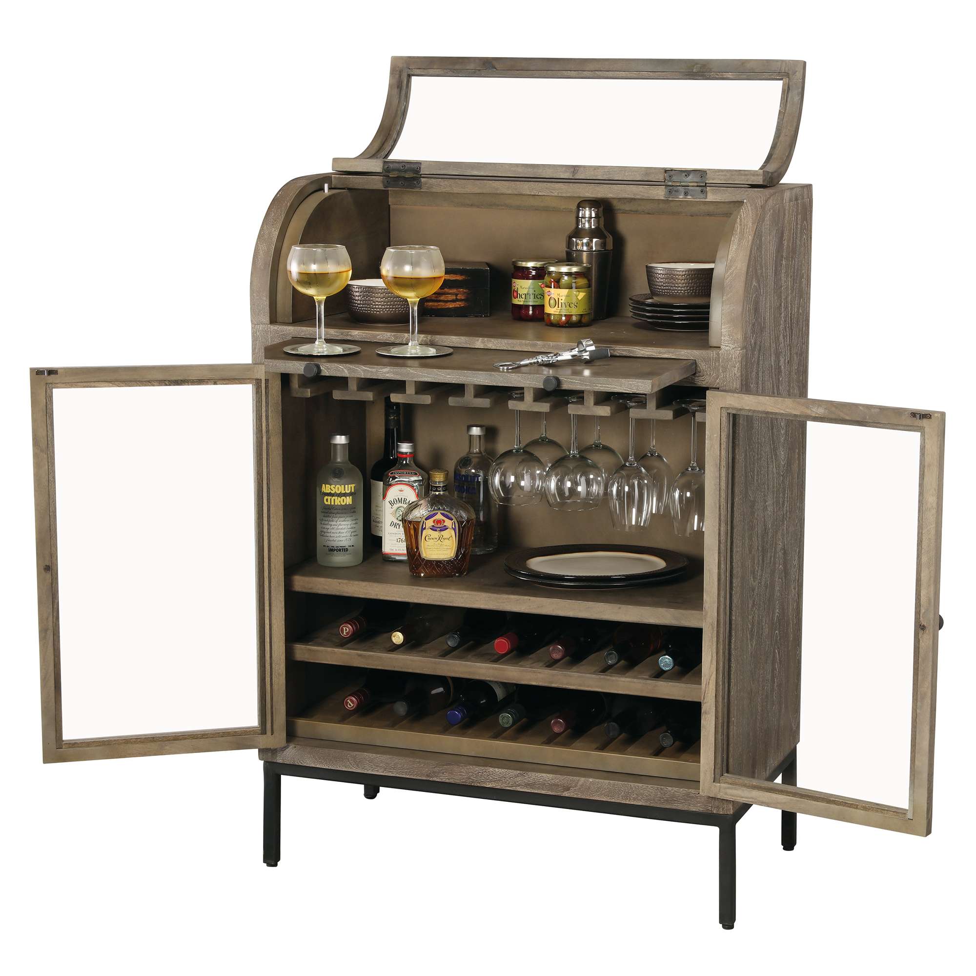 A stylish wooden bar cabinet with two glasses, various bottles, and shelves for wine, fully opened.