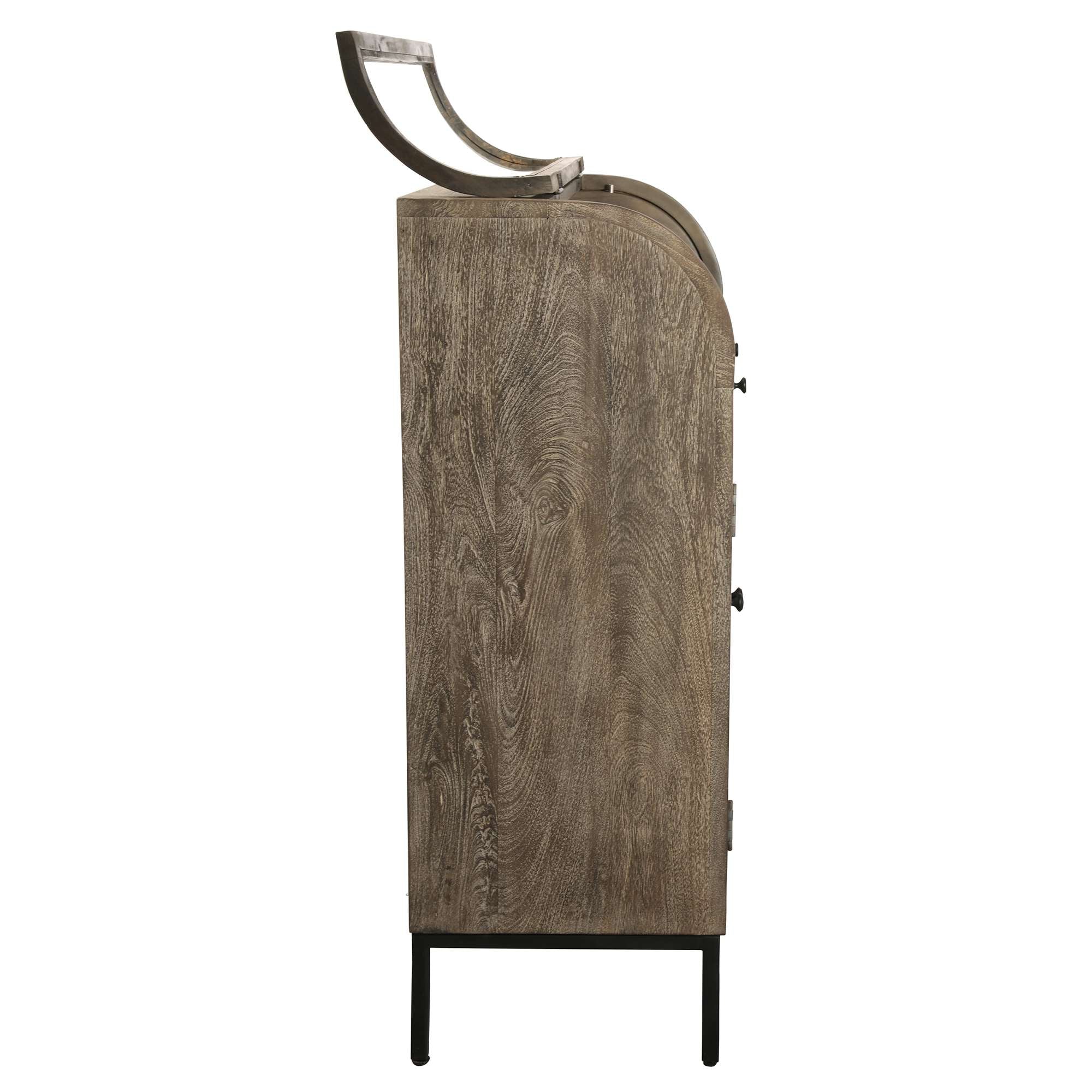 Side view of a tall, wooden cabinet with a curved top and metal legs.
