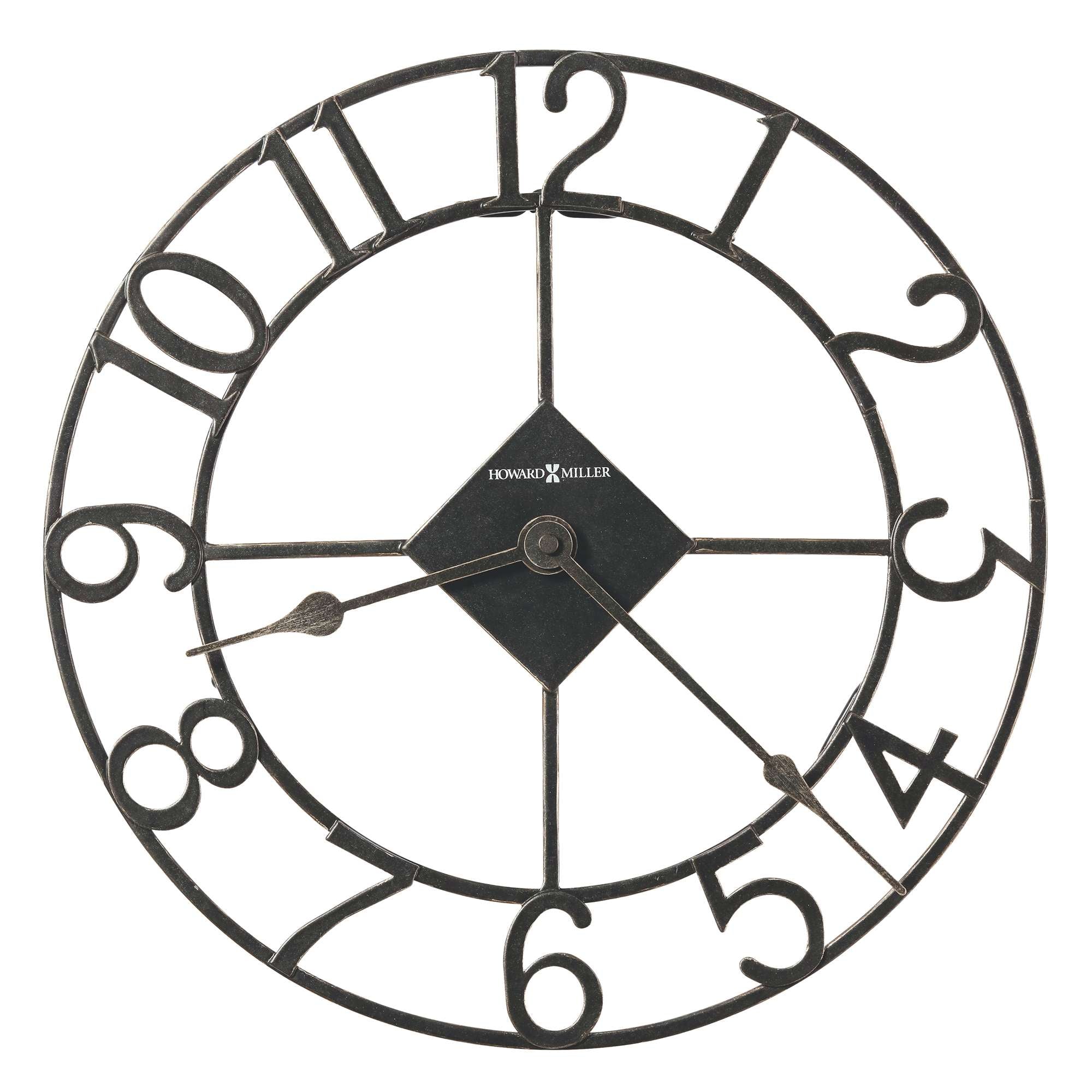 A decorative wall clock with a black metal frame and large Roman numerals.