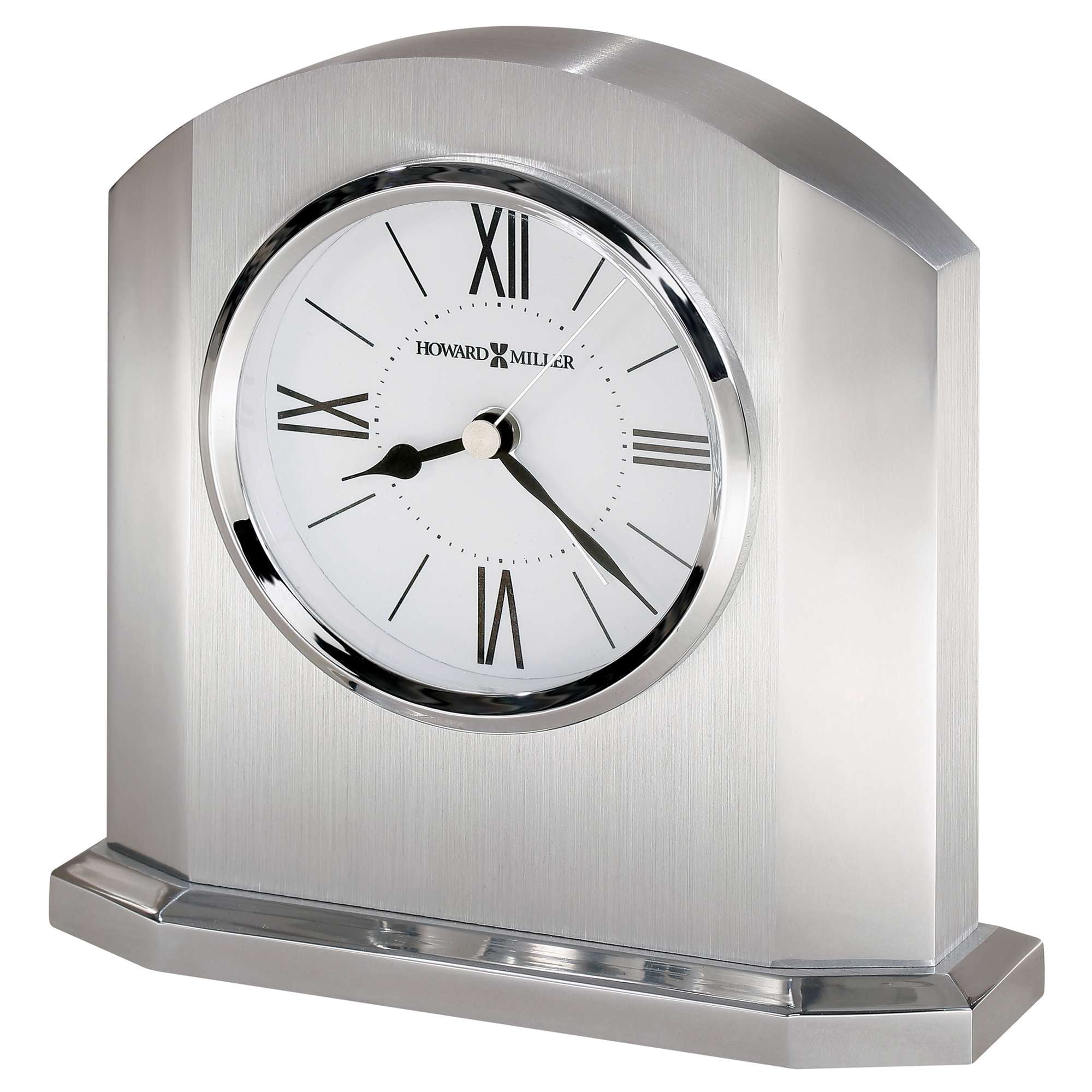 A sleek silver desk clock with Roman numerals and a minimalist design.