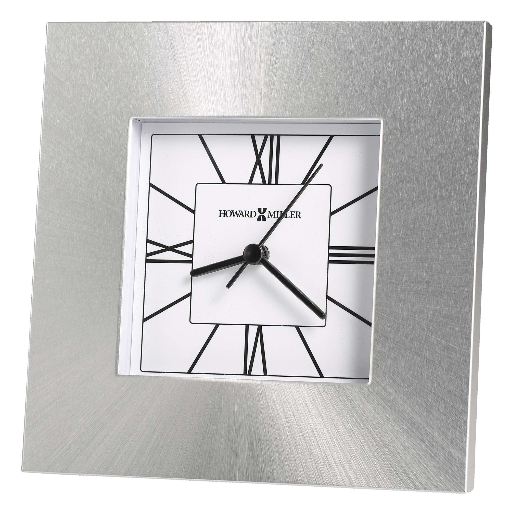 A modern silver square clock with a minimalist design and black roman numerals.