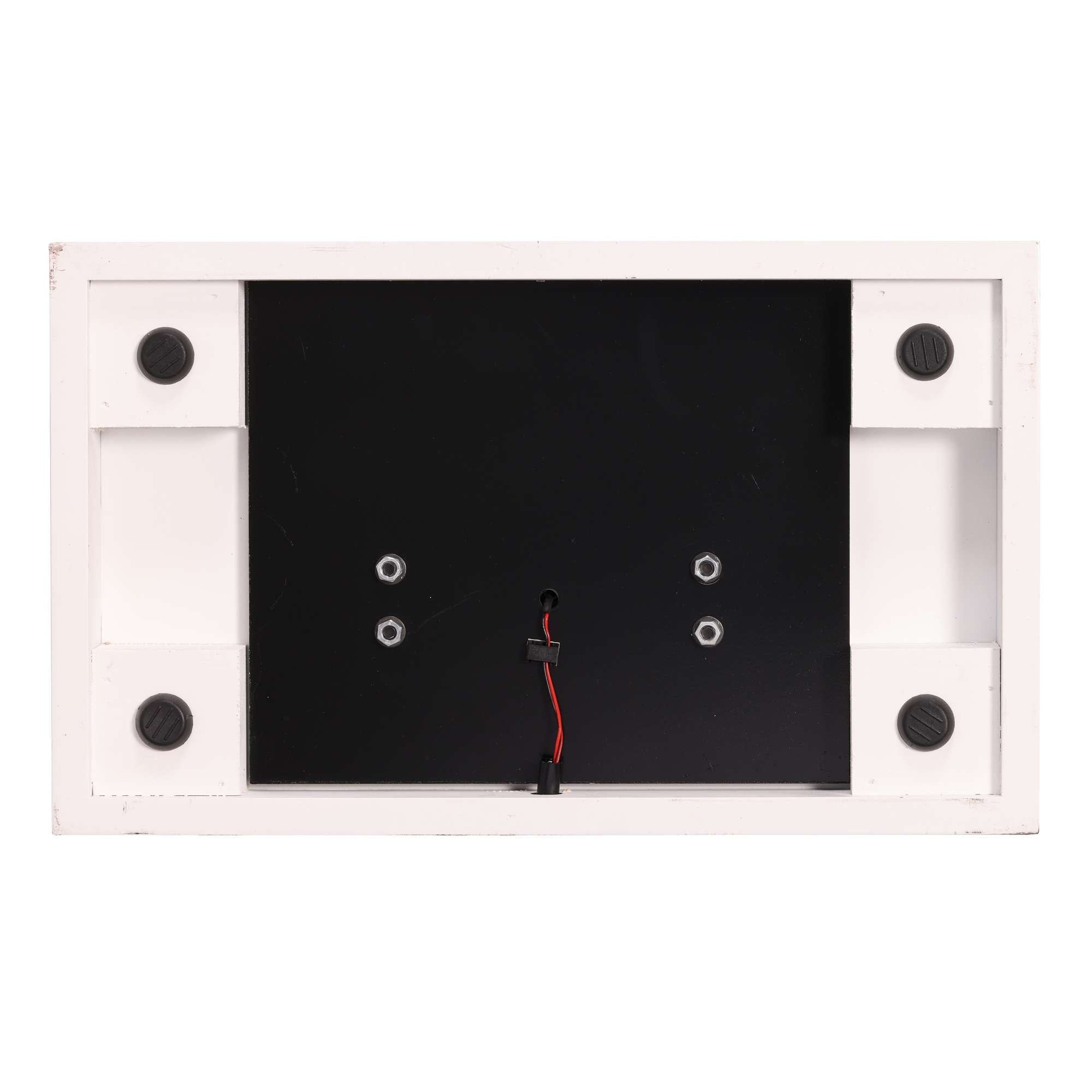 Back view of a white electronic device with mounting holes and a black faceplate.