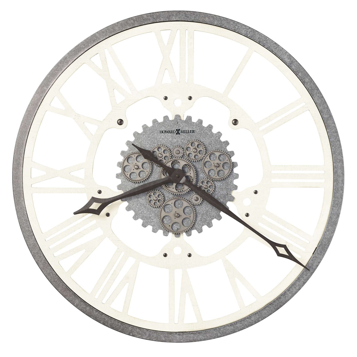A decorative wall clock featuring a gear design and roman numerals.