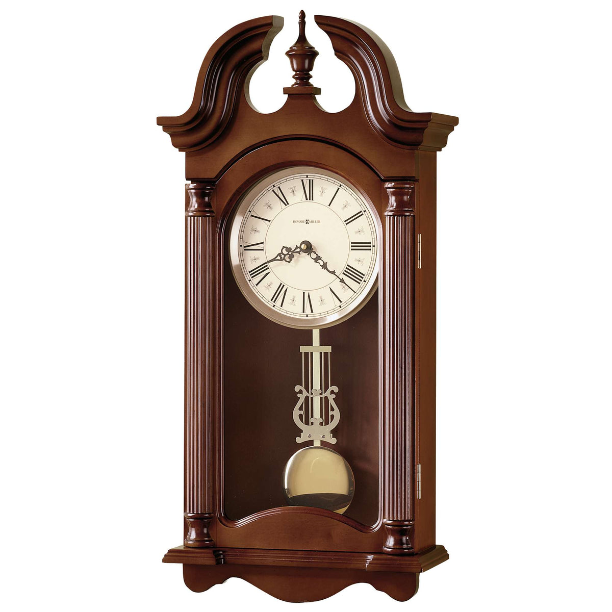 Classic wooden wall clock featuring a pendulum and Roman numerals.