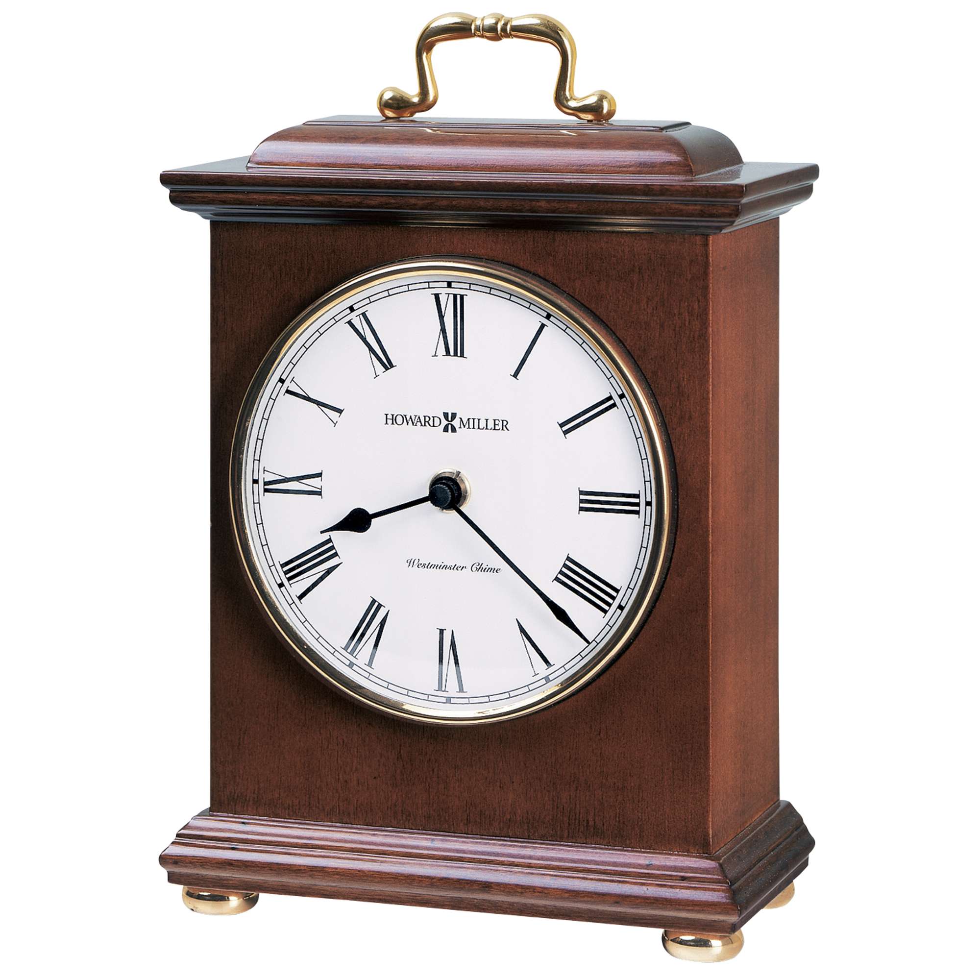 Classic wooden mantel clock with Roman numerals and gold accents