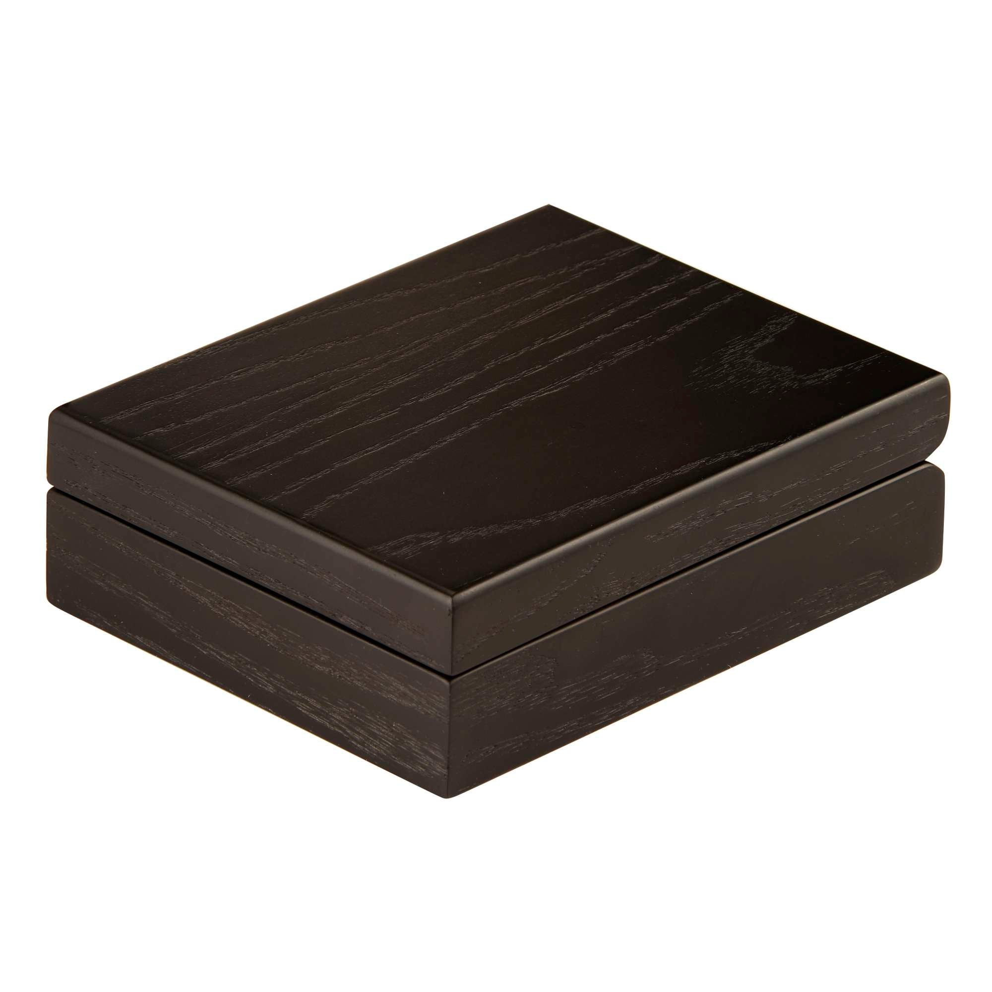 A closed rectangular wooden box with a dark finish.