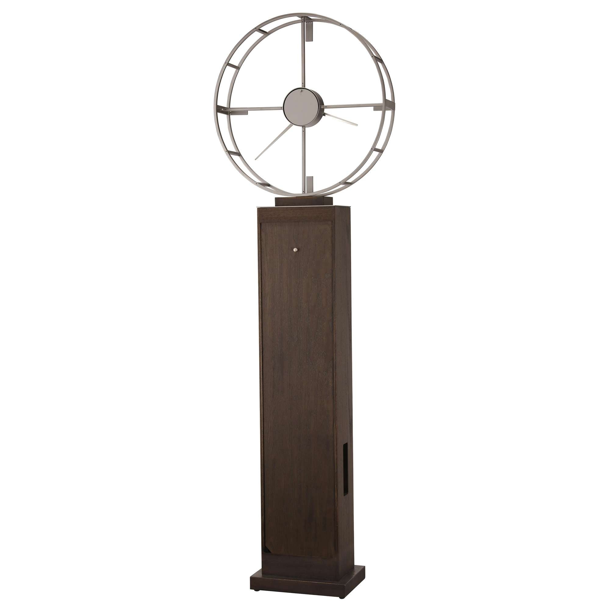 Modern tall clock with a circular design and a wooden base