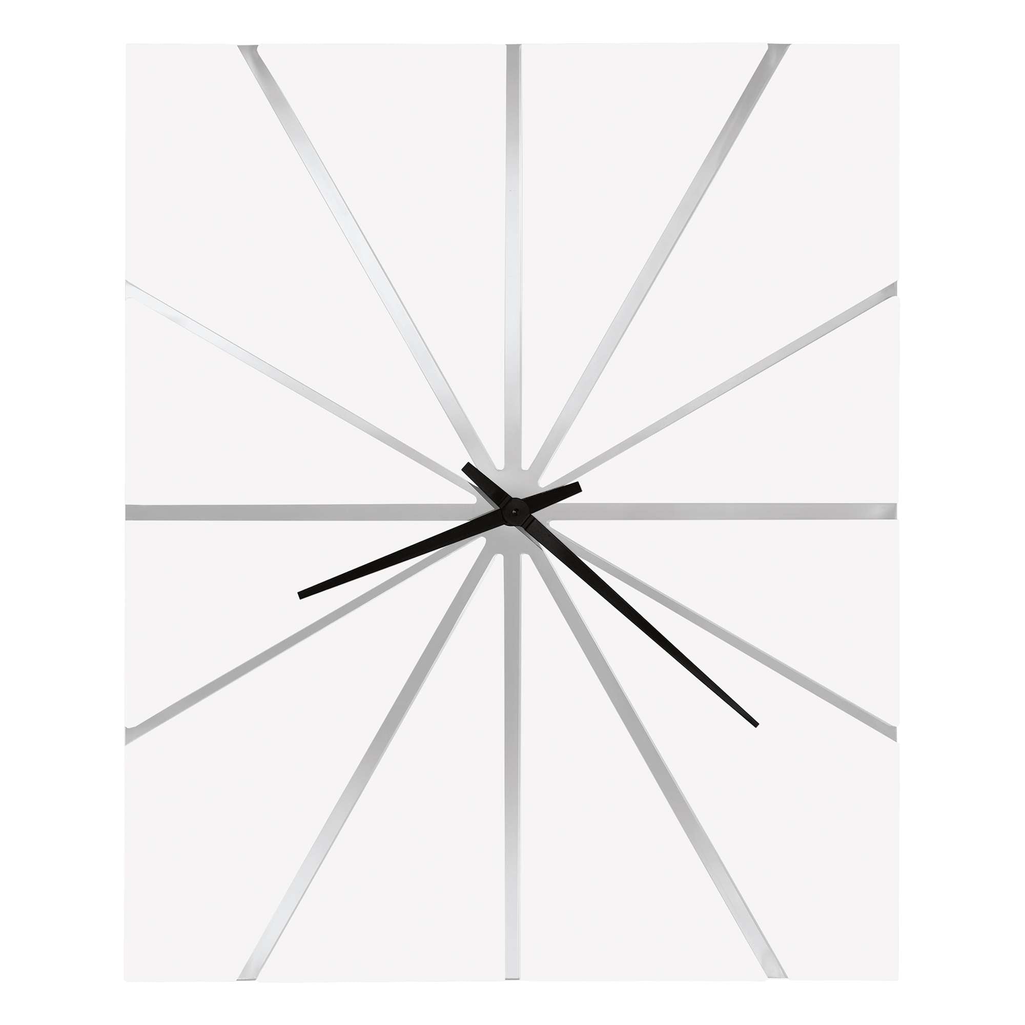 Modern wall clock with a minimalist design and black hands on a white background.