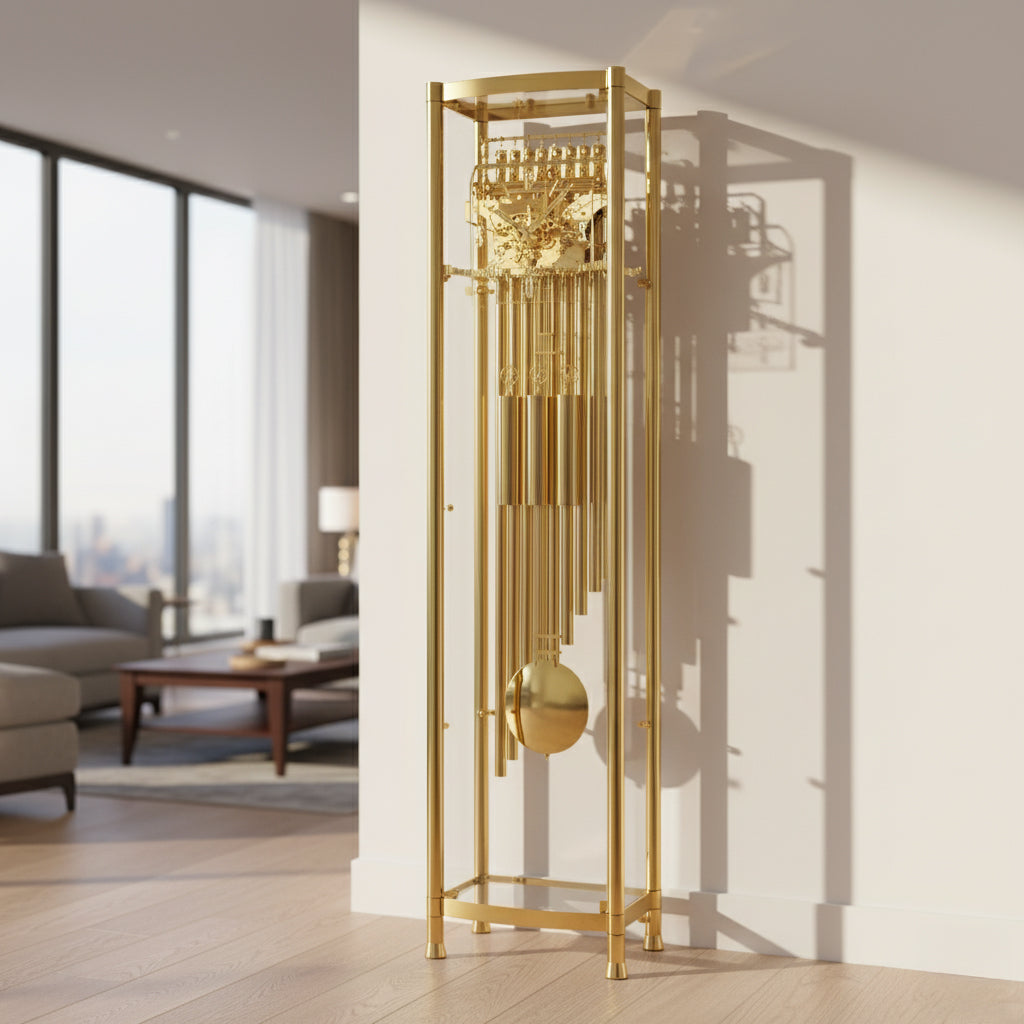 Elegant gold wind chime in a modern living room setting