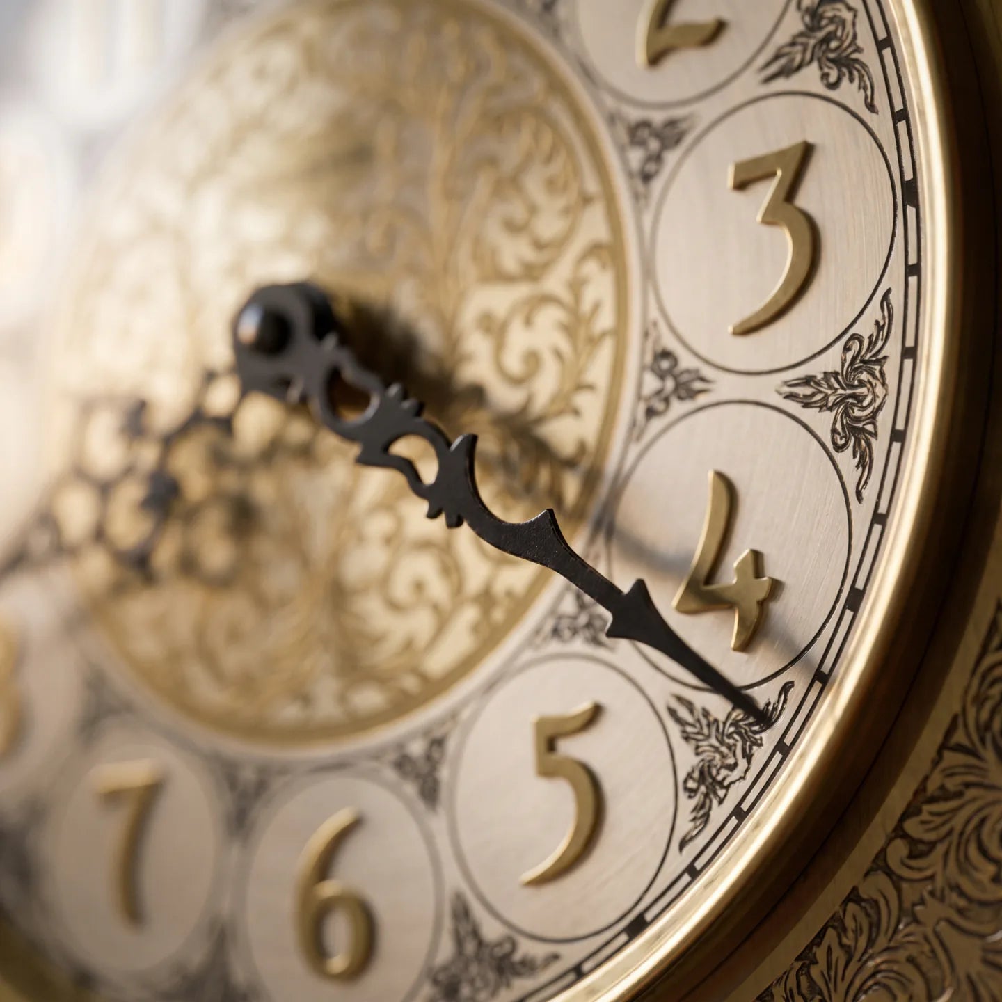 Howard Miller Akron Mantel Clock, macro close-up of the hands and dial