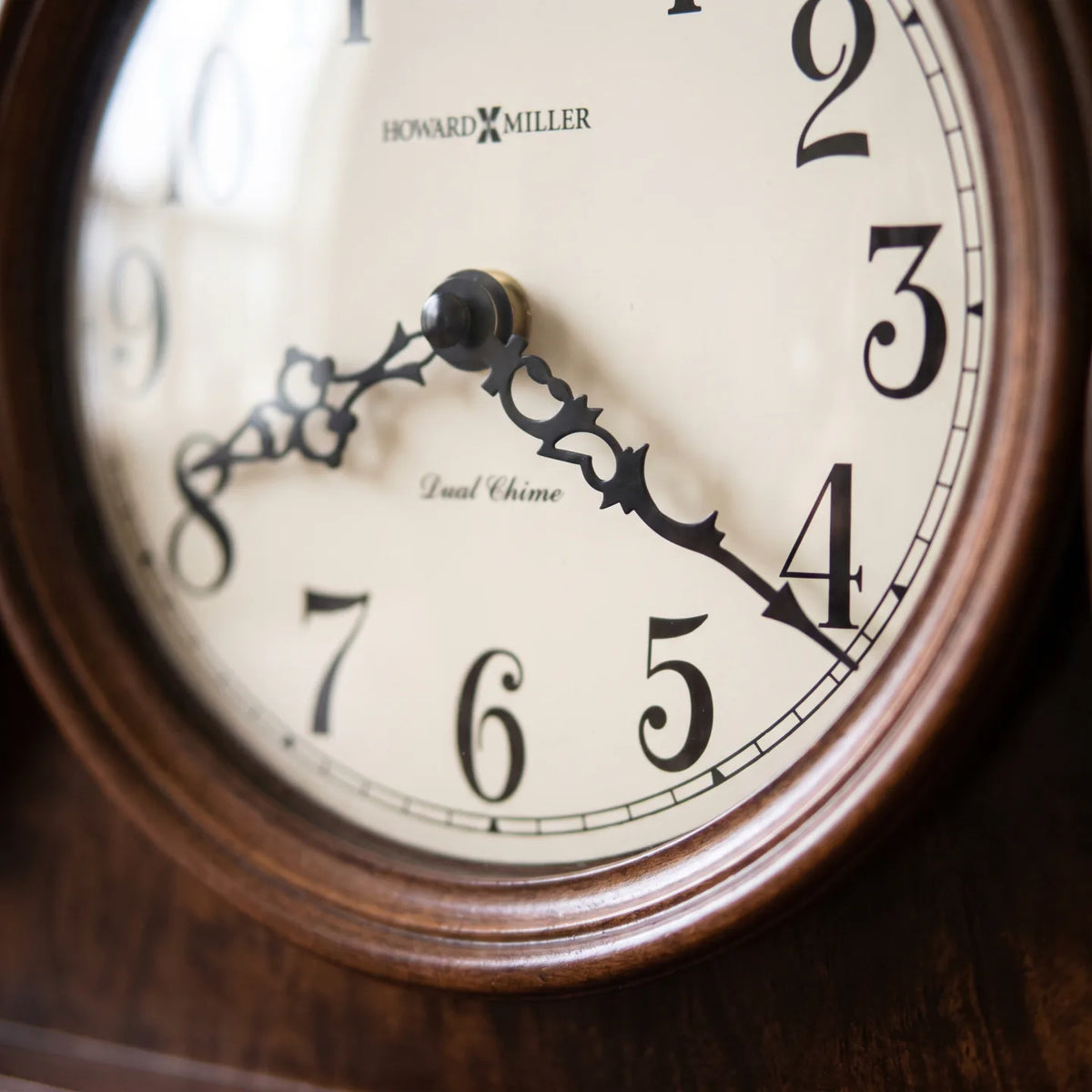 Howard Miller Albright Mantel Clock, macro close-up of the hands and dial