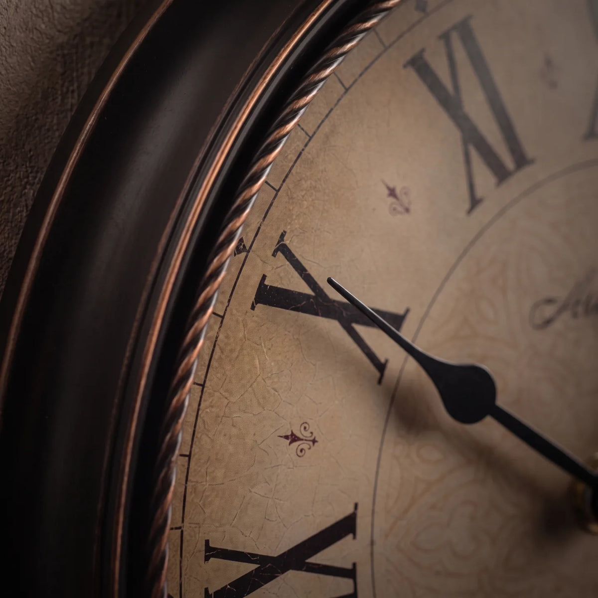 Howard Miller Atwater Wall Clock, macro close-up of the hands and dial