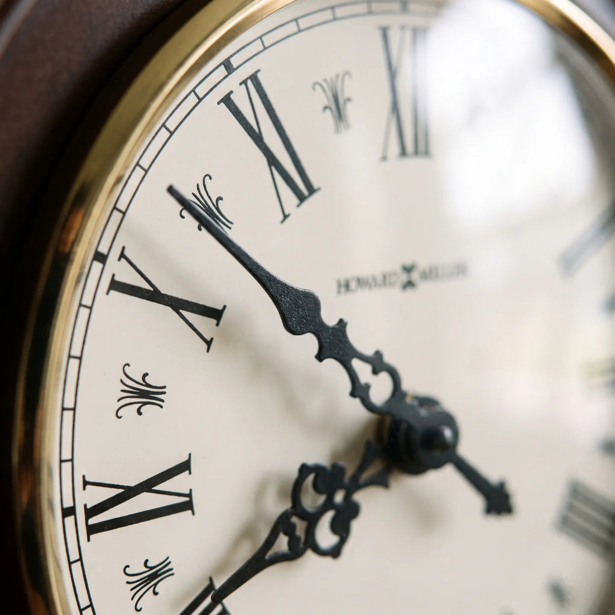 Howard Miller Burton II Mantel Clock, macro close-up of the hands and dial