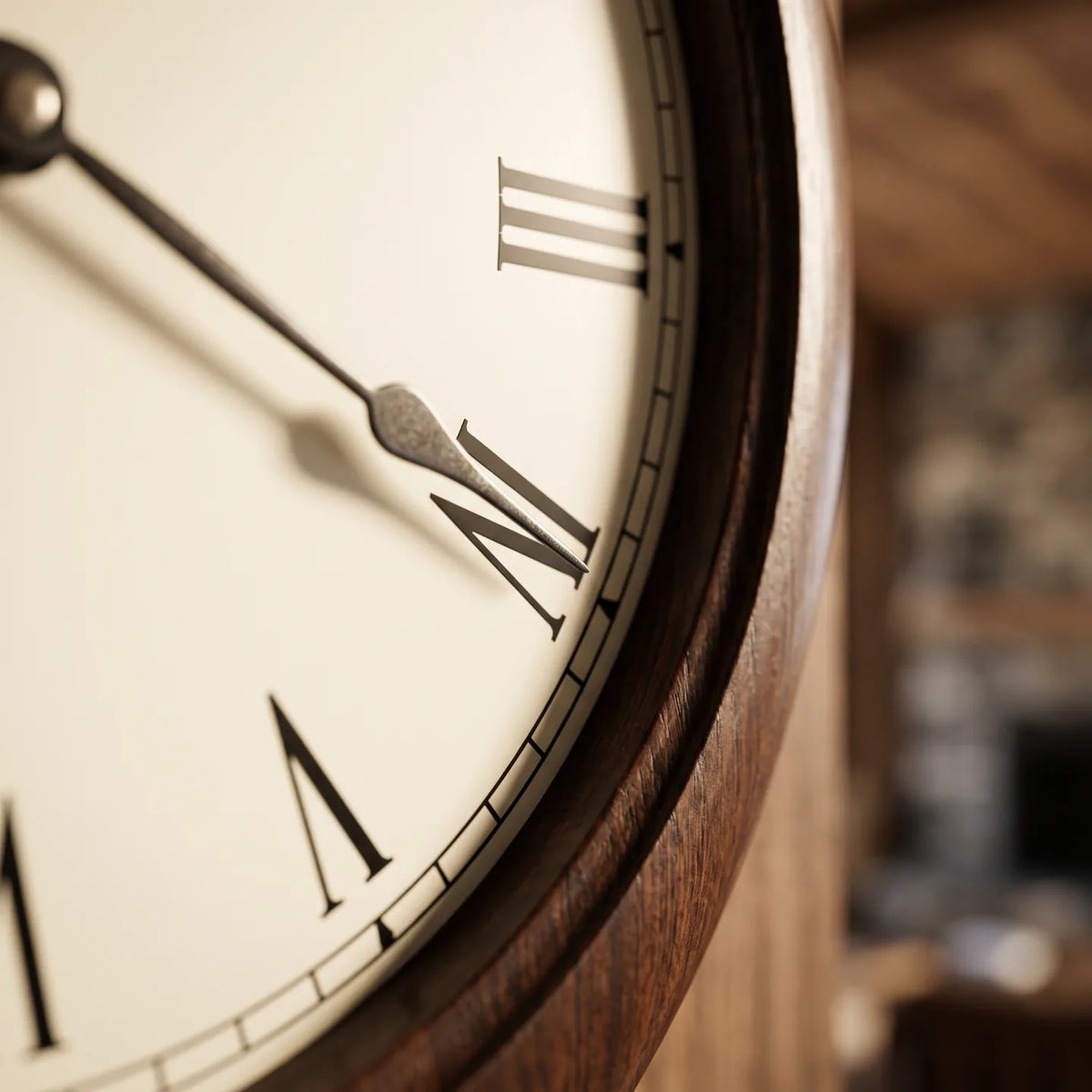Howard Miller Continental Wall Clock, macro close-up of the hands and dial