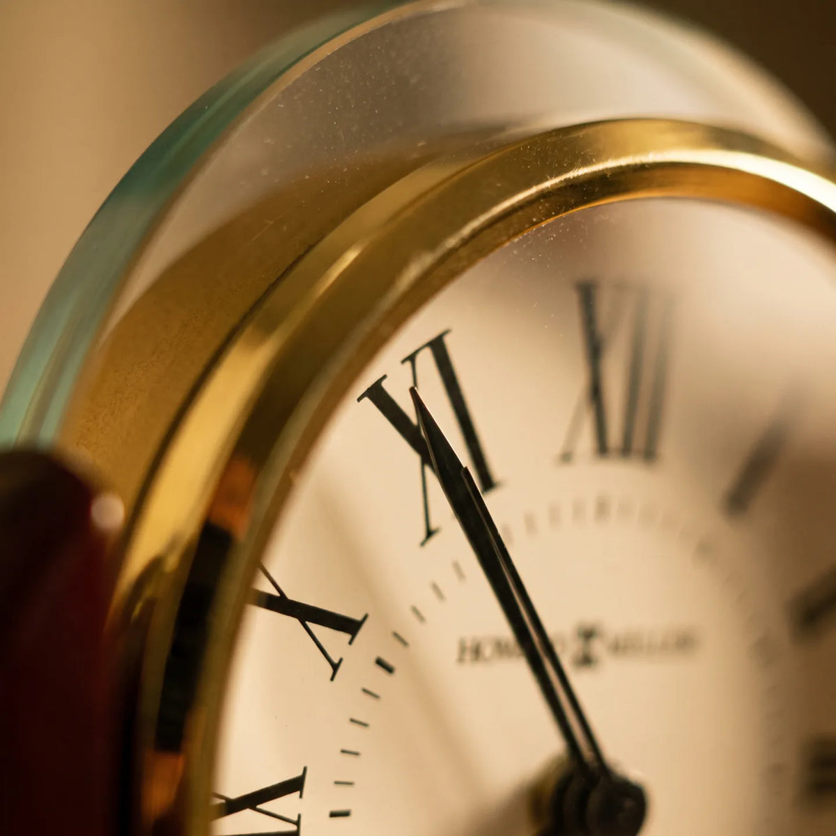 Howard Miller Derrick Tabletop Clock, macro close-up of the hands and dial