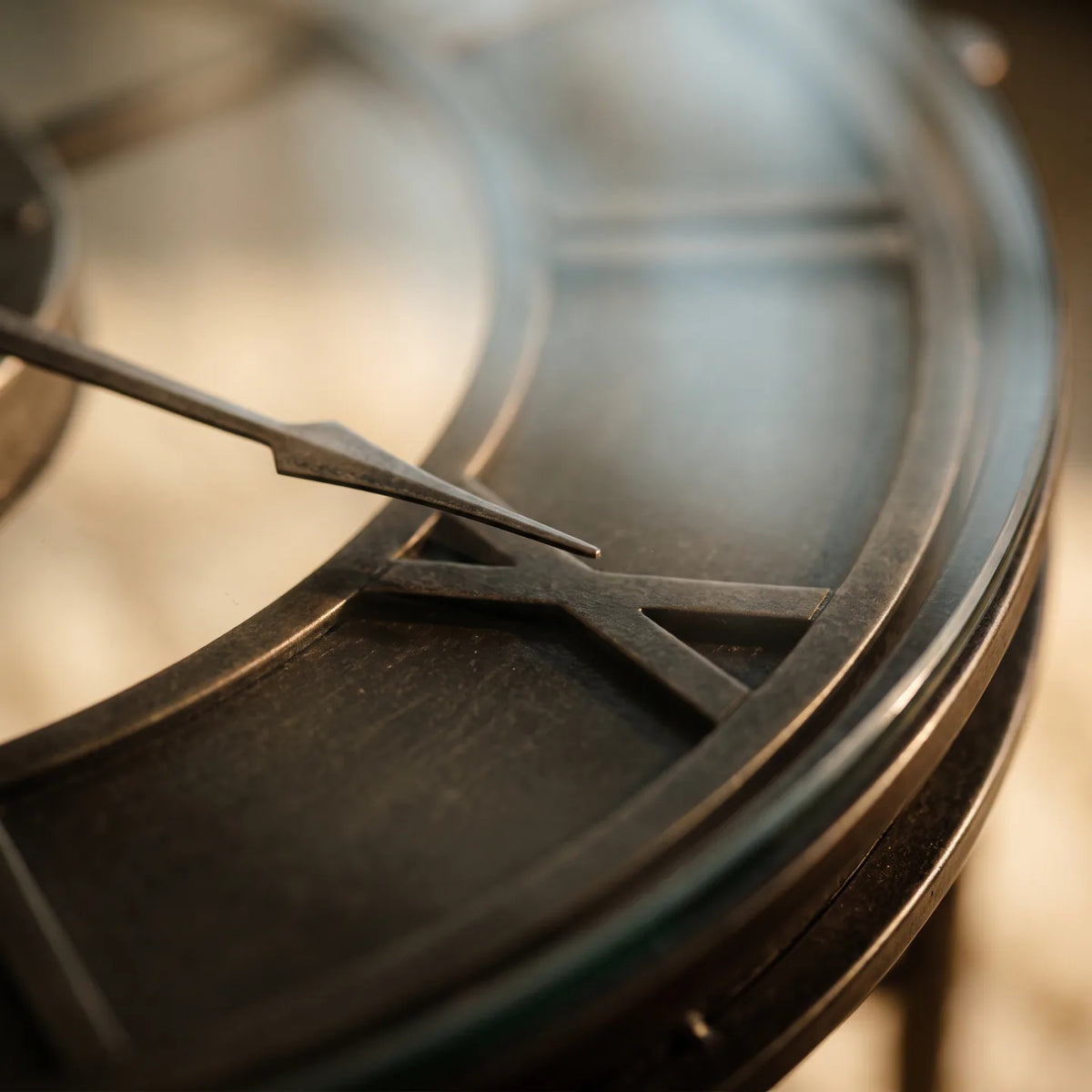Howard Miller Elon Clock Table, macro close-up of the hands and dial
