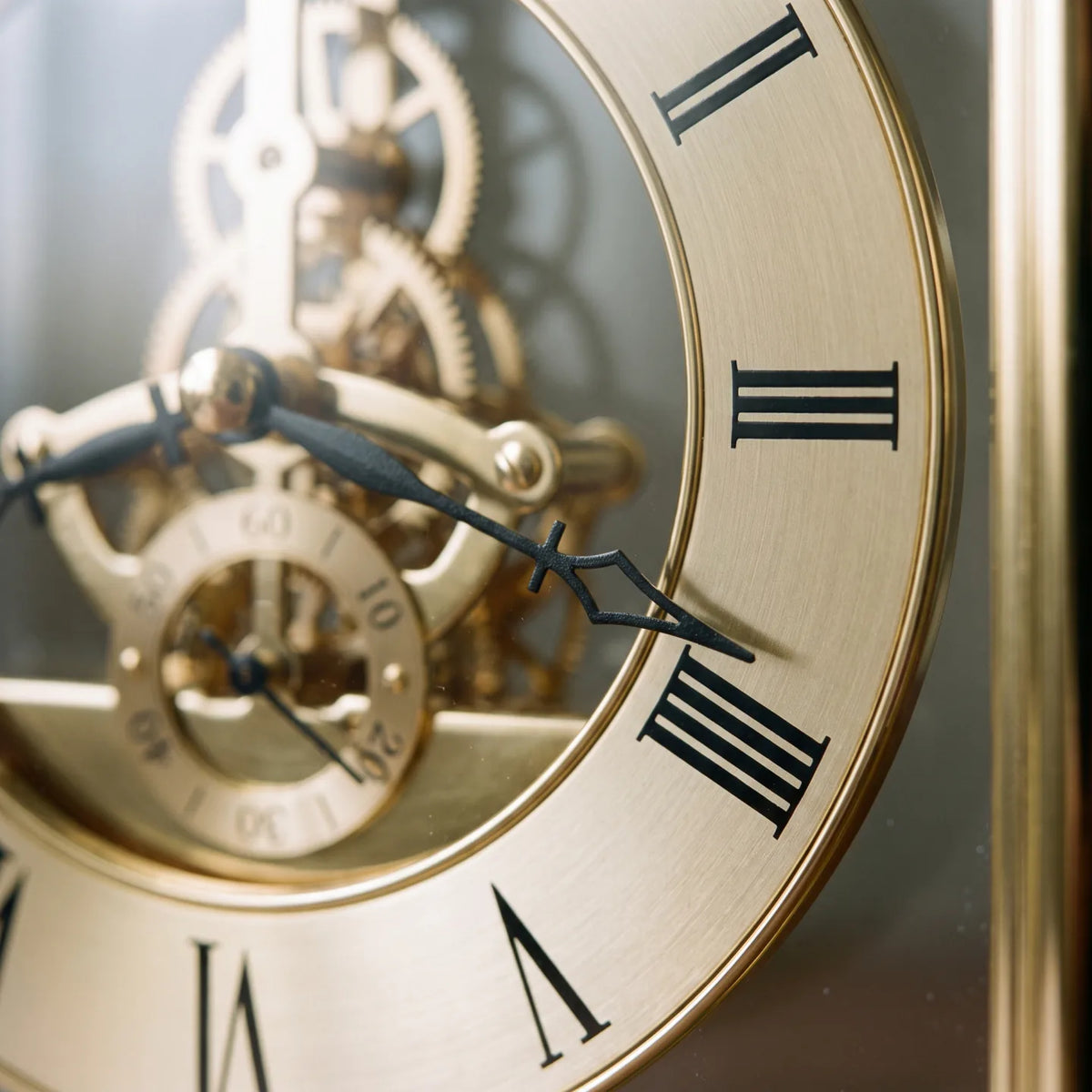Howard Miller Fairview Tabletop Clock, macro close-up of the hands and dial