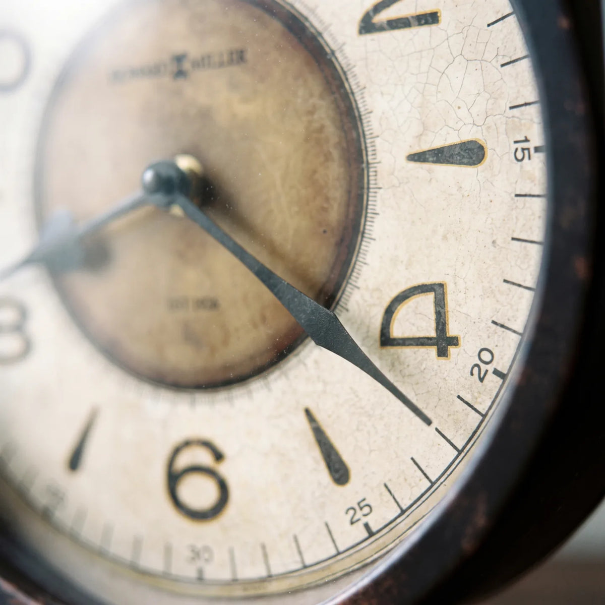 Howard Miller Kayden Mantel Clock, macro close-up of the hands and dial
