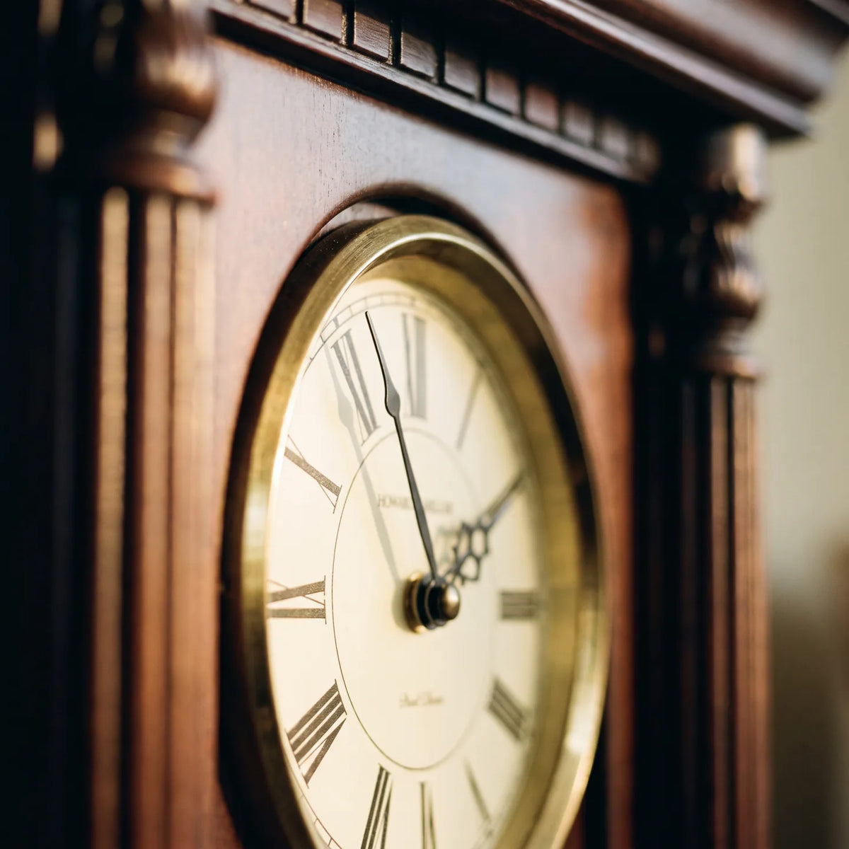Howard Miller Langeland Mantel Clock, macro close-up of the hands and dial