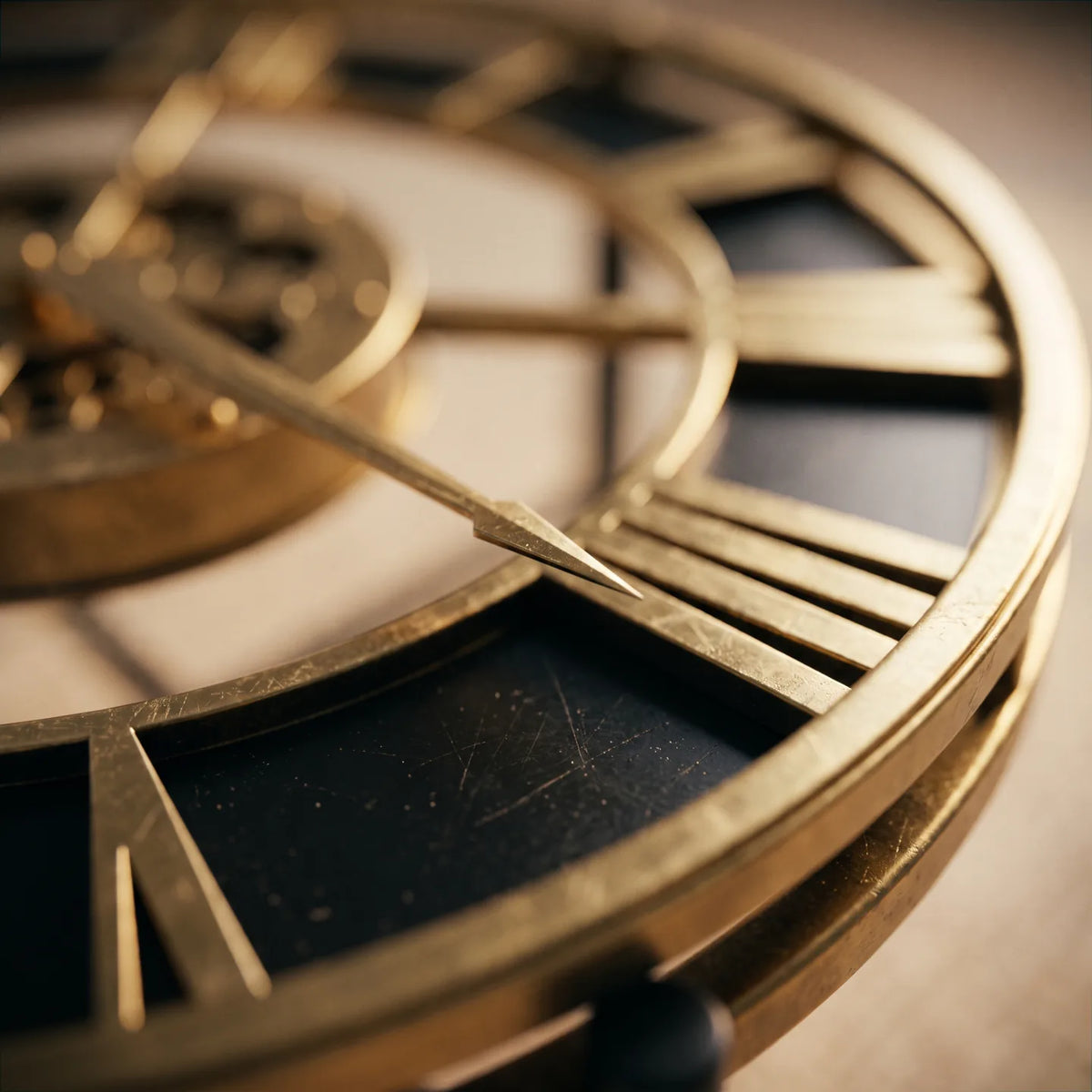 Howard Miller Mayer Clock Table, macro close-up of the hands and dial