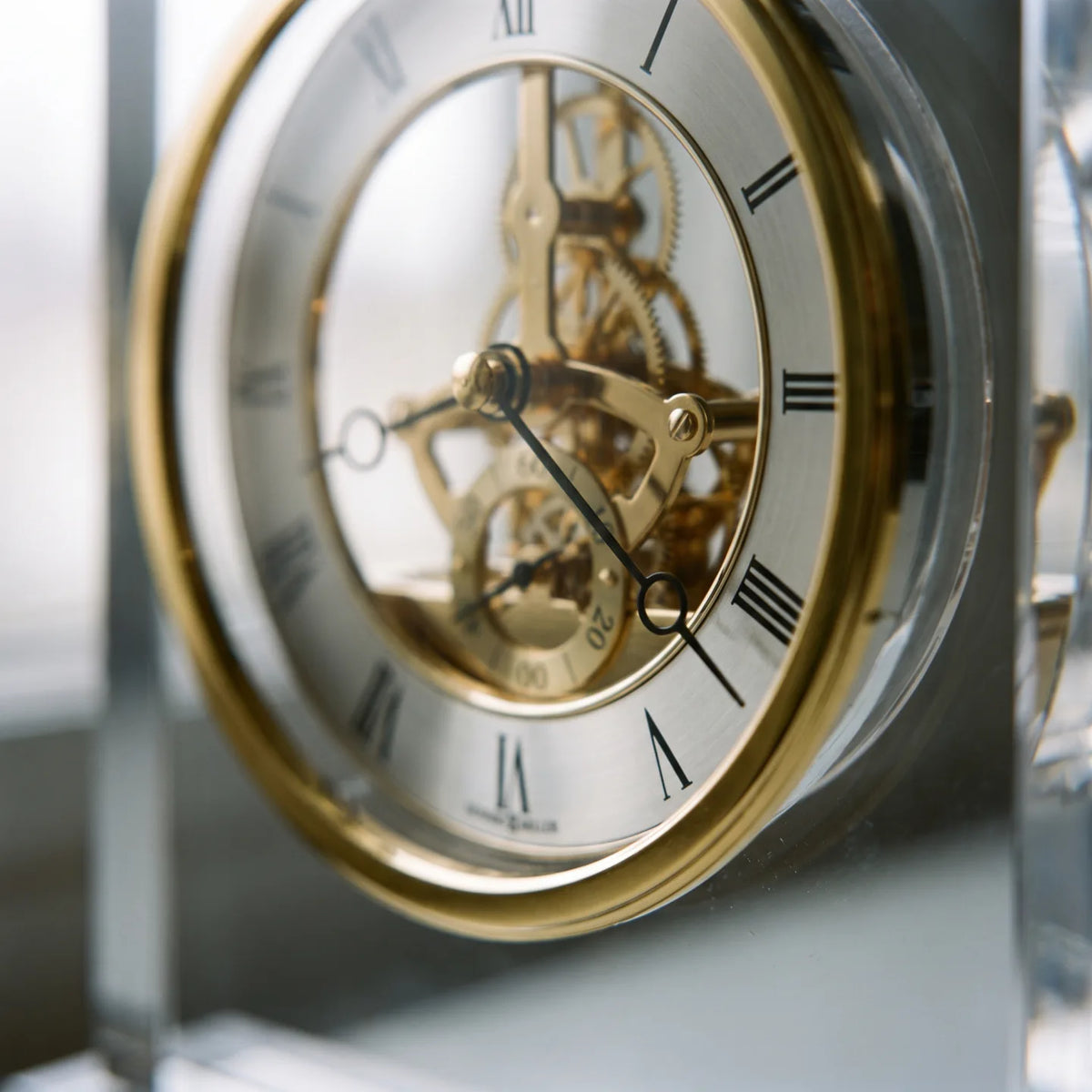Howard Miller Prestige Tabletop Clock, macro close-up of the hands and dial