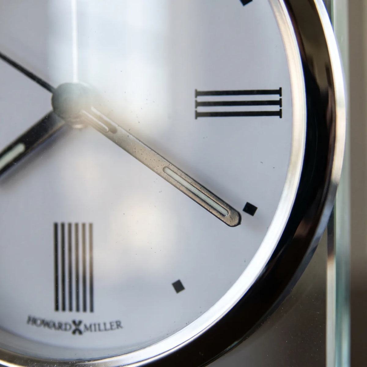 Howard Miller Regent Tabletop Clock, macro close-up of the hands and dial