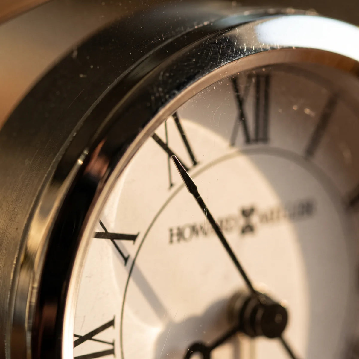 Howard Miller Talbot Tabletop Clock, macro close-up of the hands and dial