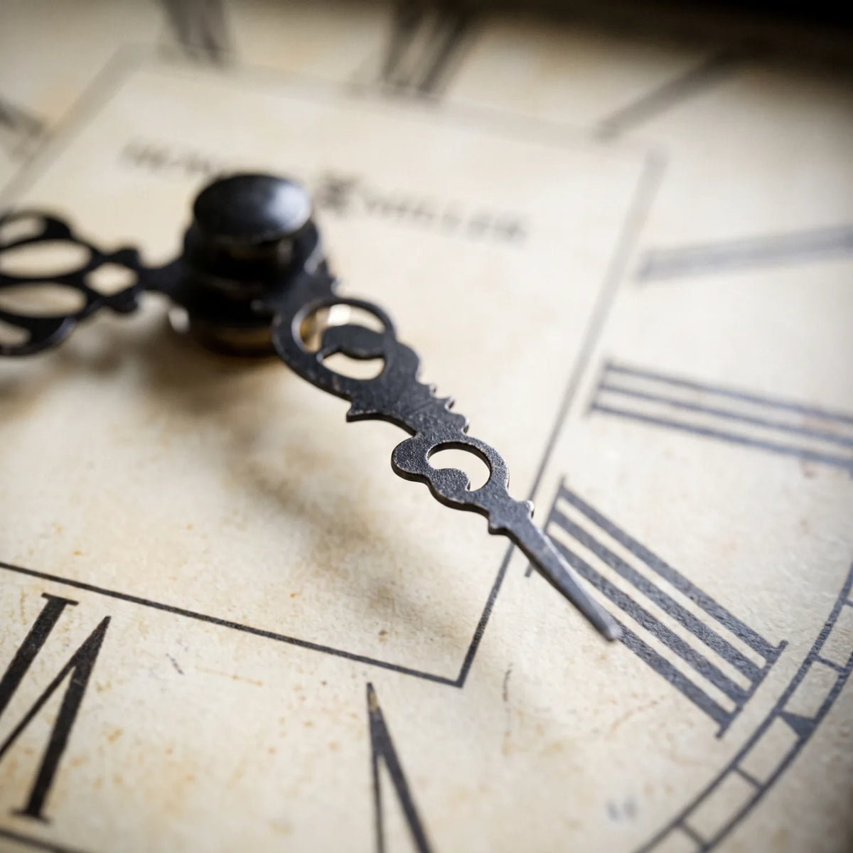 Howard Miller Talia Mantel Clock, macro close-up of the hands and dial