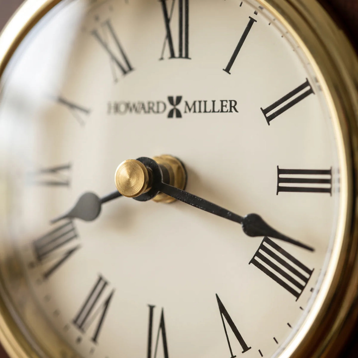 Howard Miller Windsor Carriage Tabletop Clock, macro close-up of the hands and dial